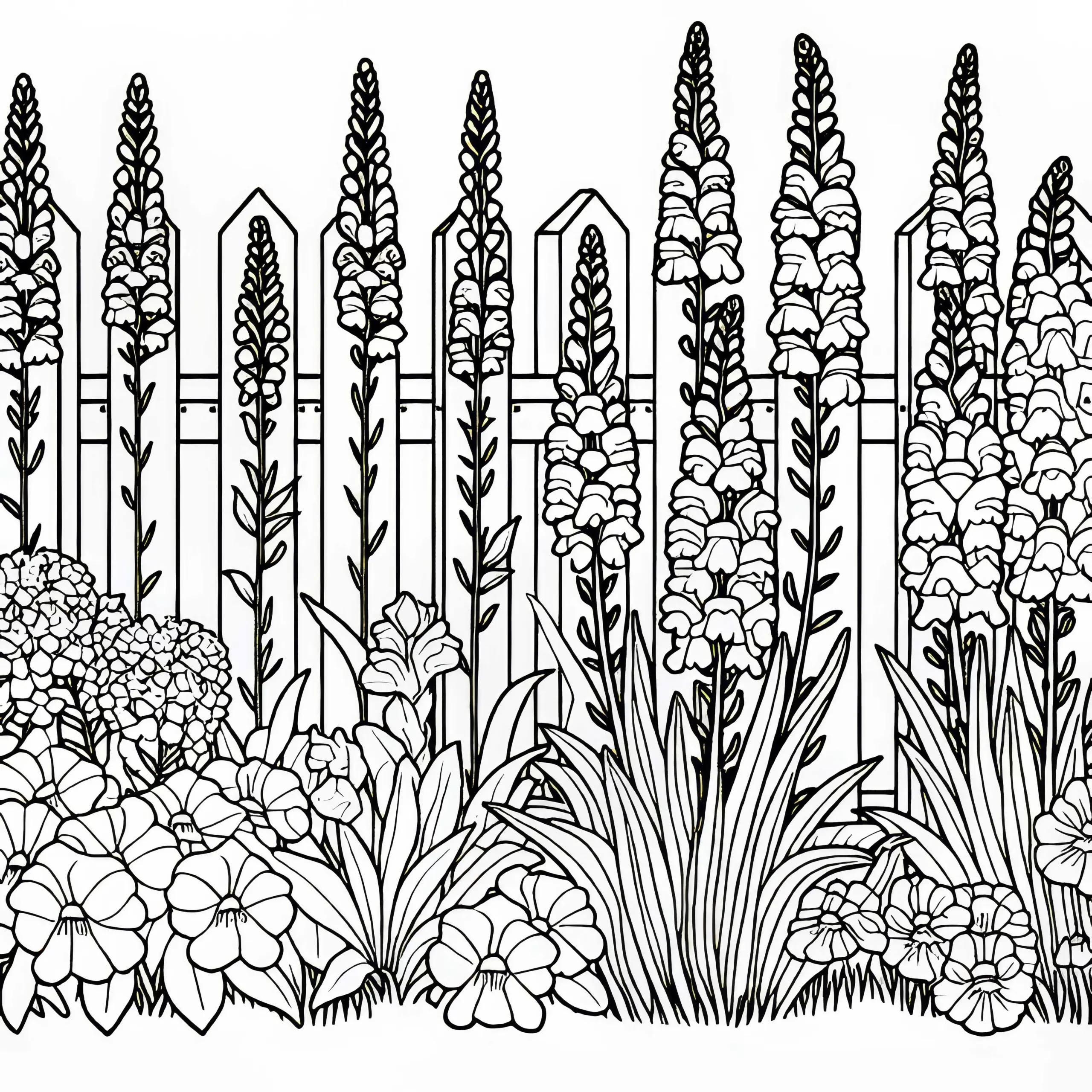 Löwenmäulchen entlang eines Gartenzauns – Ausmalbild Sommerblume kostenlos