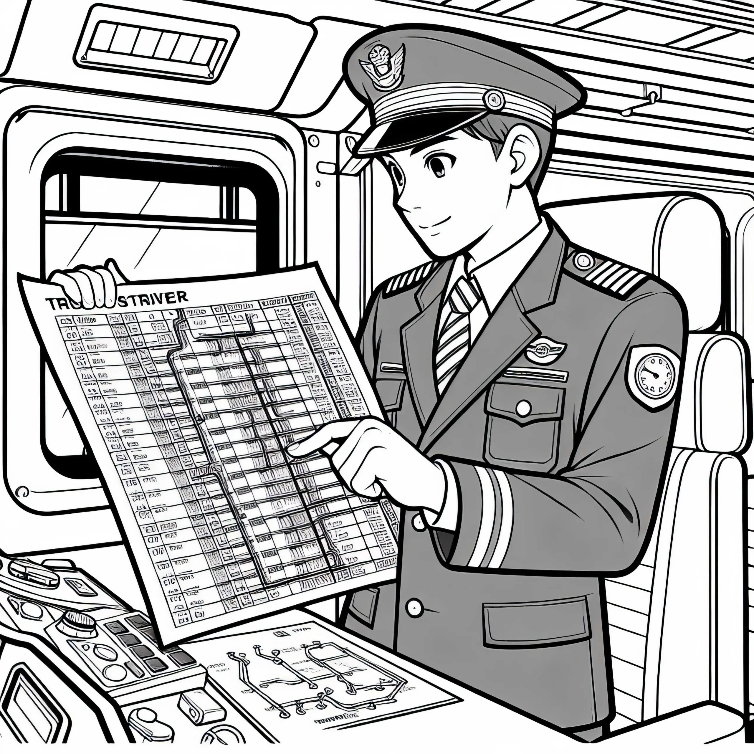 Lokführer bei Kontrolle eines Fahrplans – Malvorlage kostenlos (Ausmalbild)