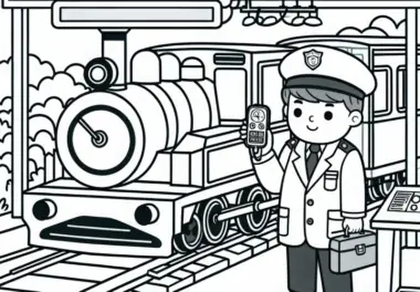Lokführer bei Lokomotive – Malvorlage Einfach Kostenlos