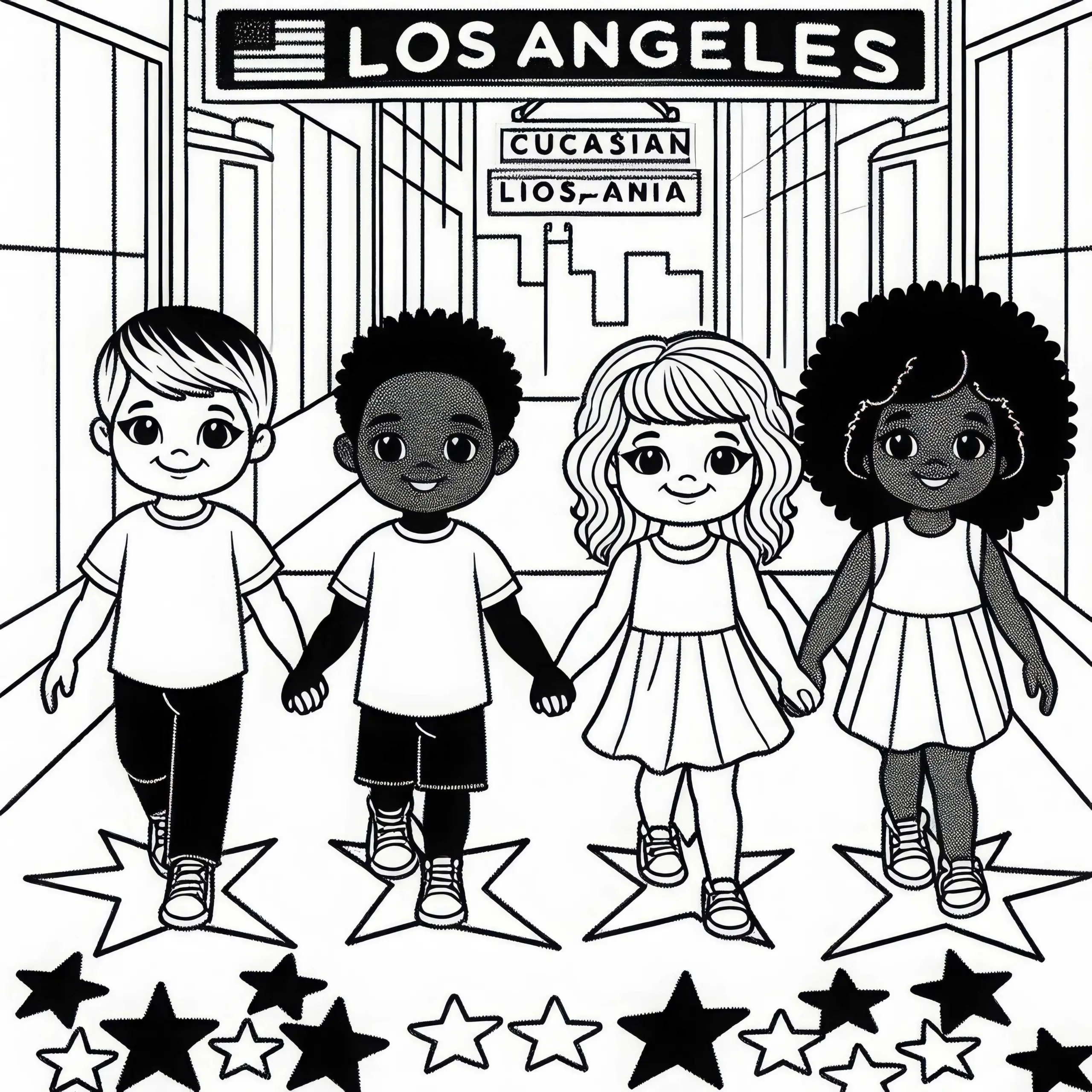 Los Angeles: Kinder laufen entlang des Walk of Fame – Malvorlage kostenlos (Ausmalbild)