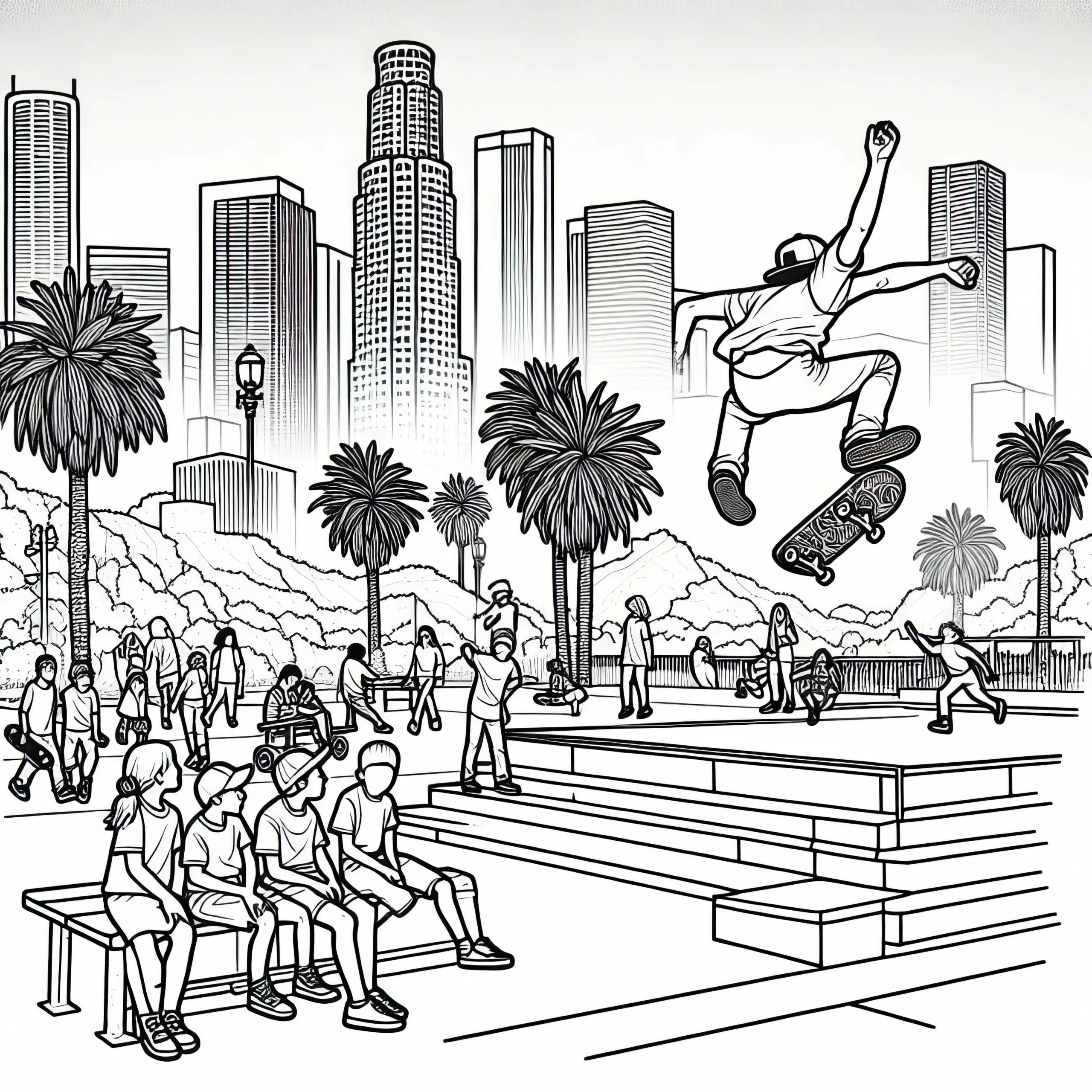 Los Angeles Skateboarder springt in Park – Malvorlage kostenlos (Ausmalbild)