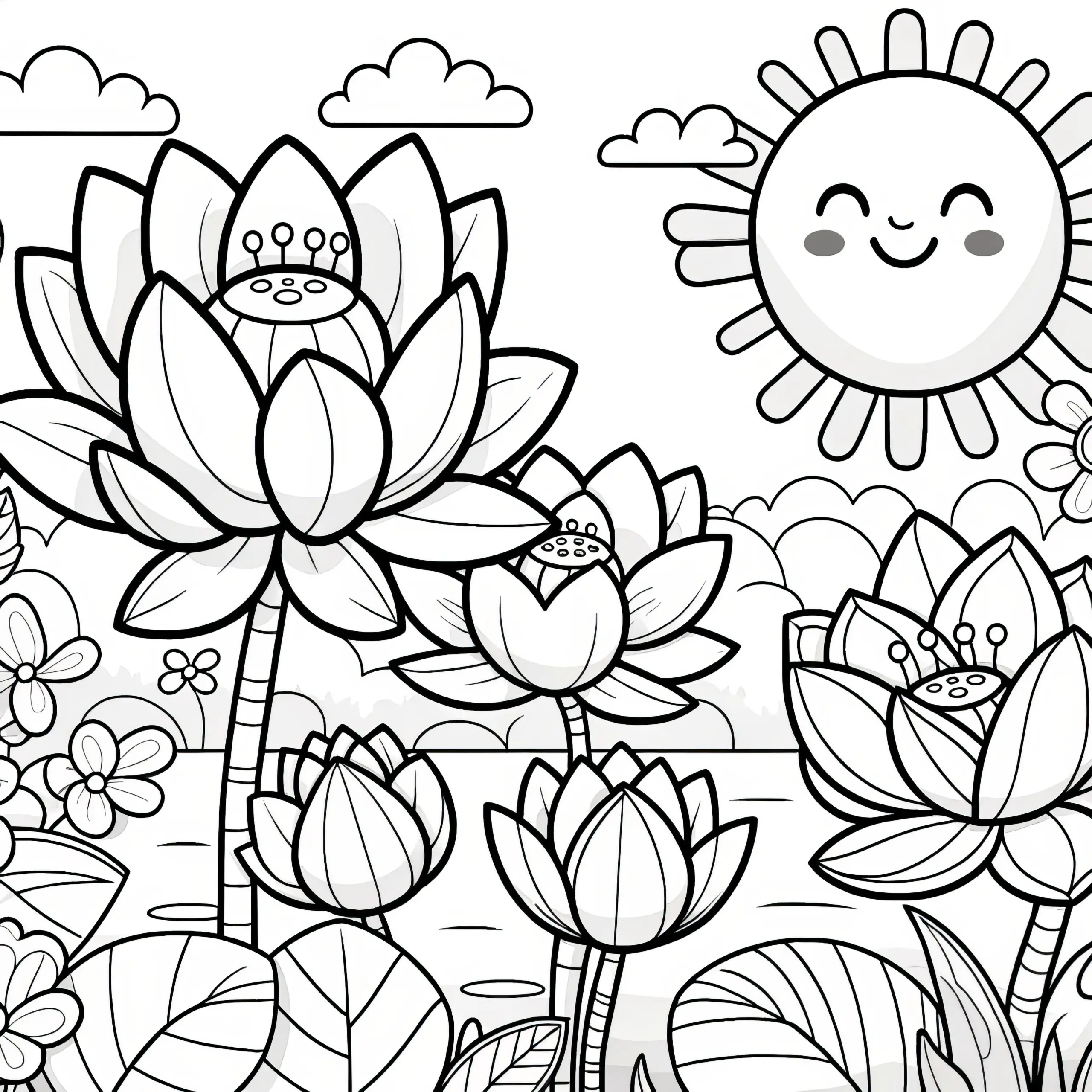 Lotusblüten mit freundlicher Sonne zum Ausmalen (Kostenlos) (Ausmalbild)