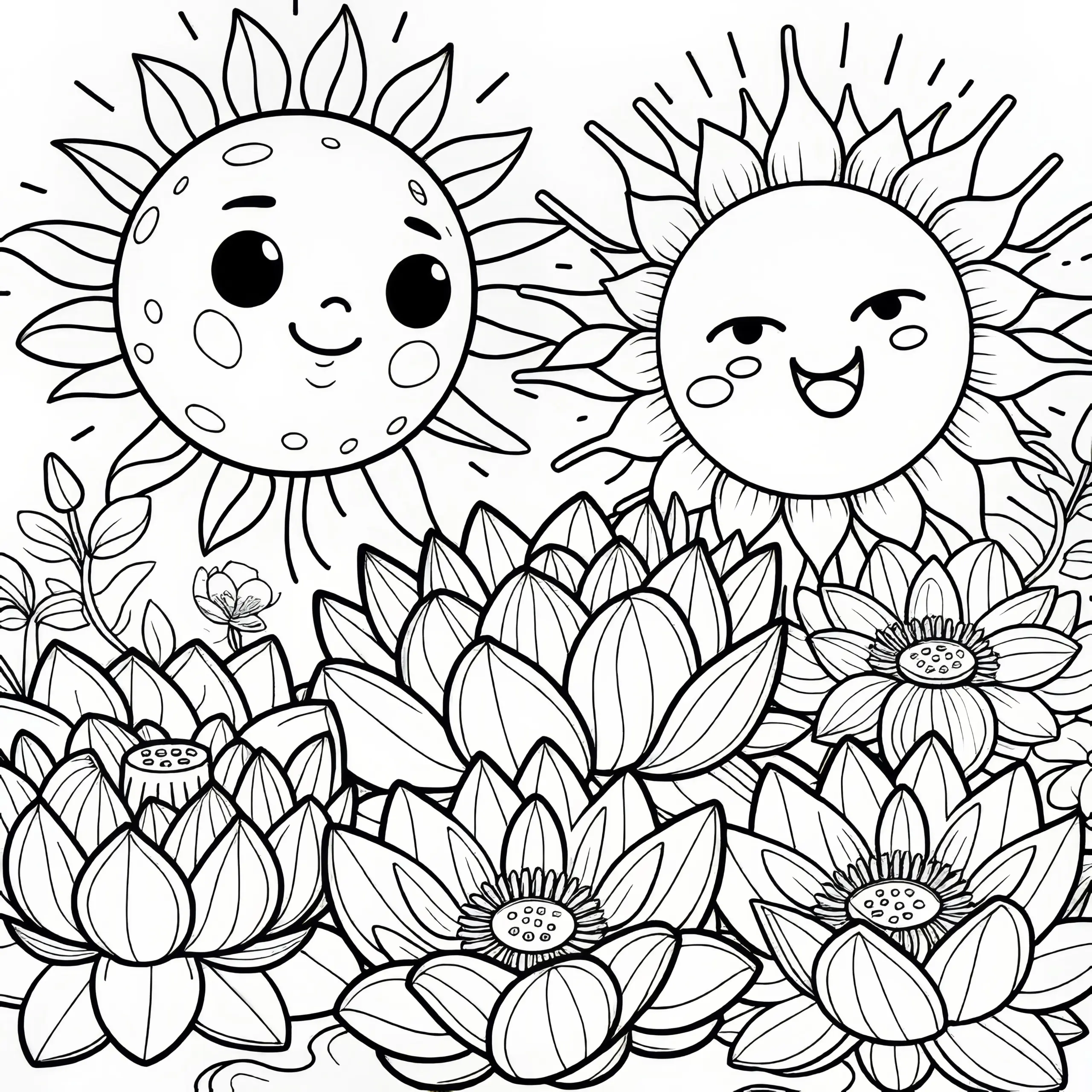 Lotusblüten mit zwei fröhlichen Sonnen: Ausmalbild zum Herunterladen (Gratis)