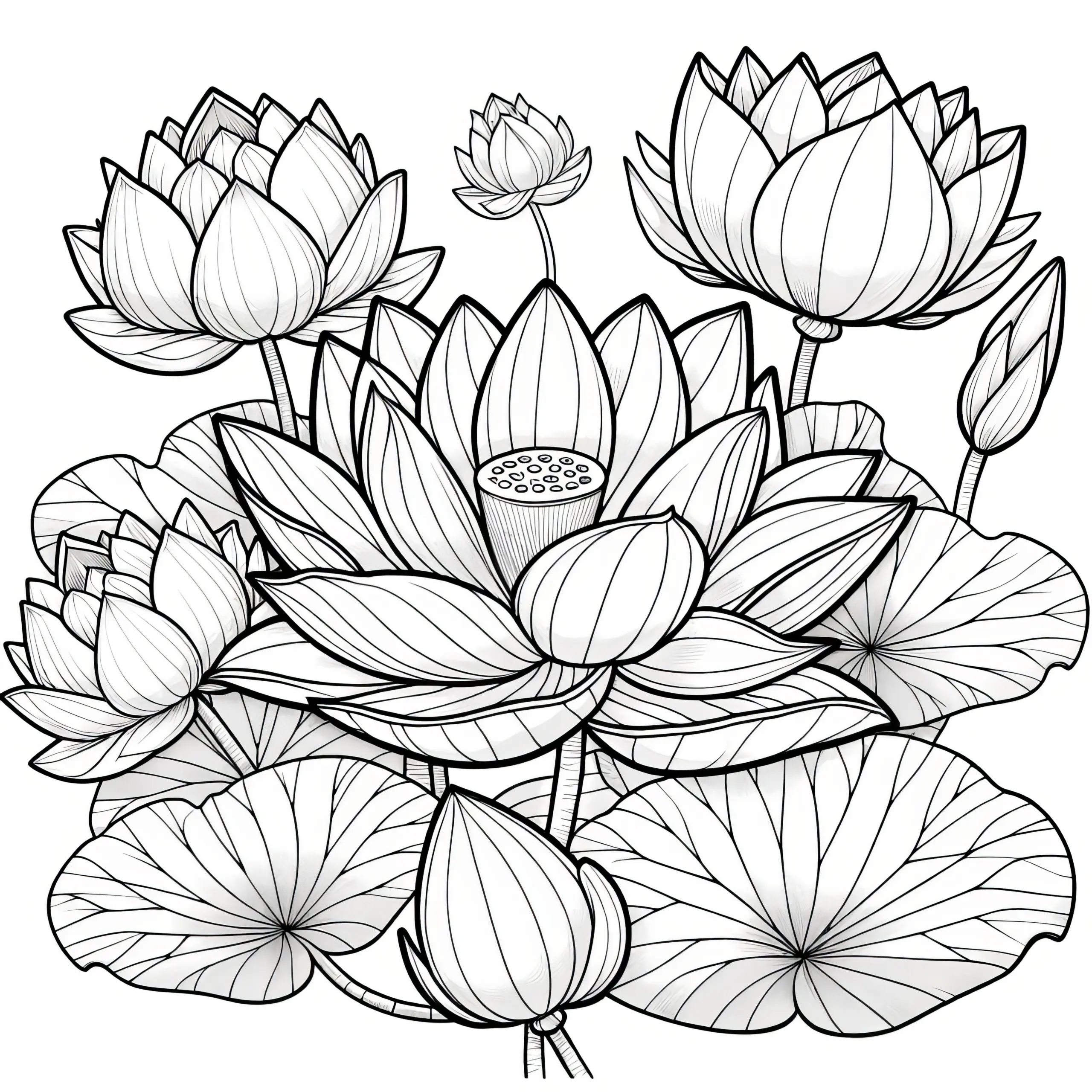 Lotusblume mit großer Blüte: Kostenloses Ausmalbild zum Download (Gratis)