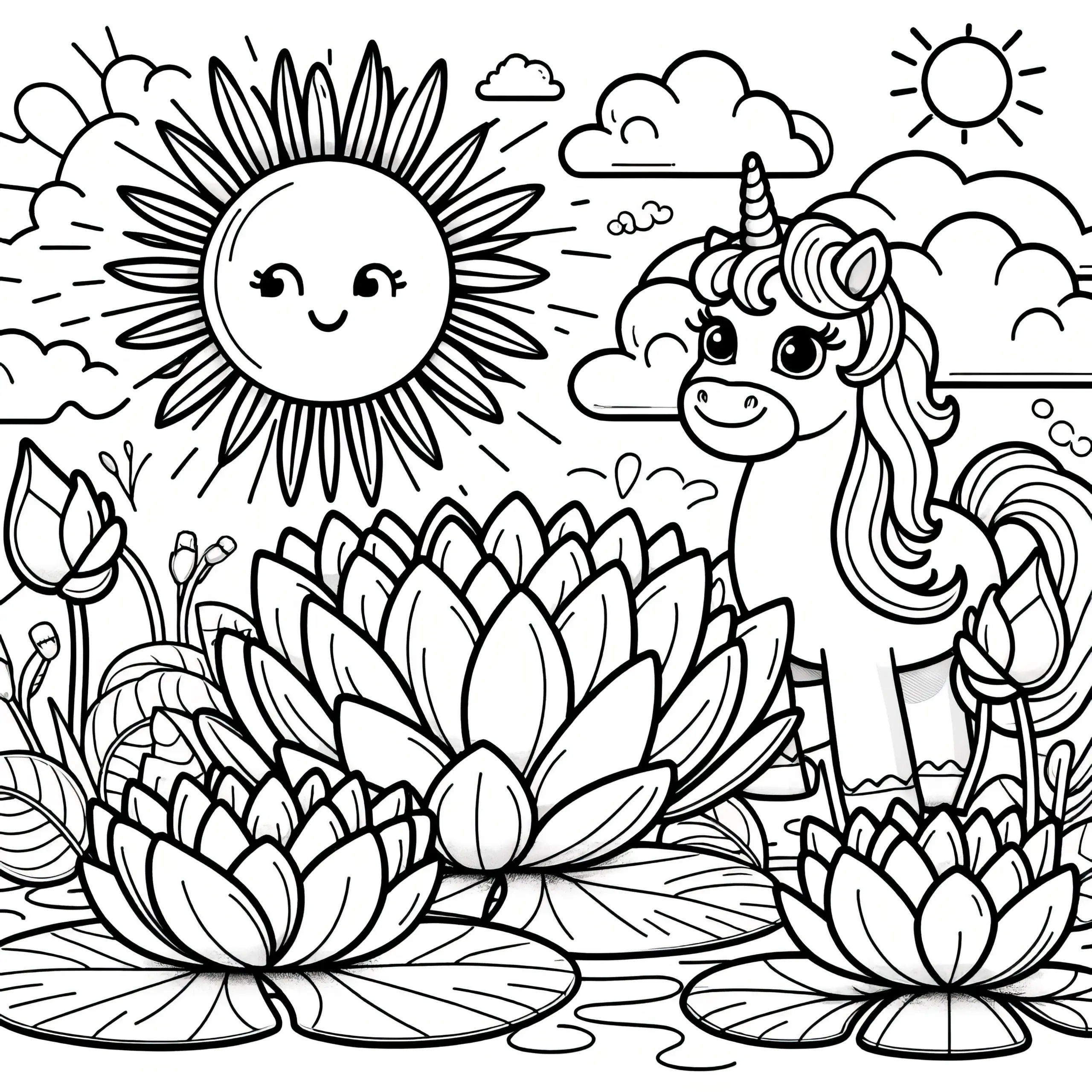 Lotusblumen, Einhorn und Sonne: Ausmalbild für Kinder (Gratis)