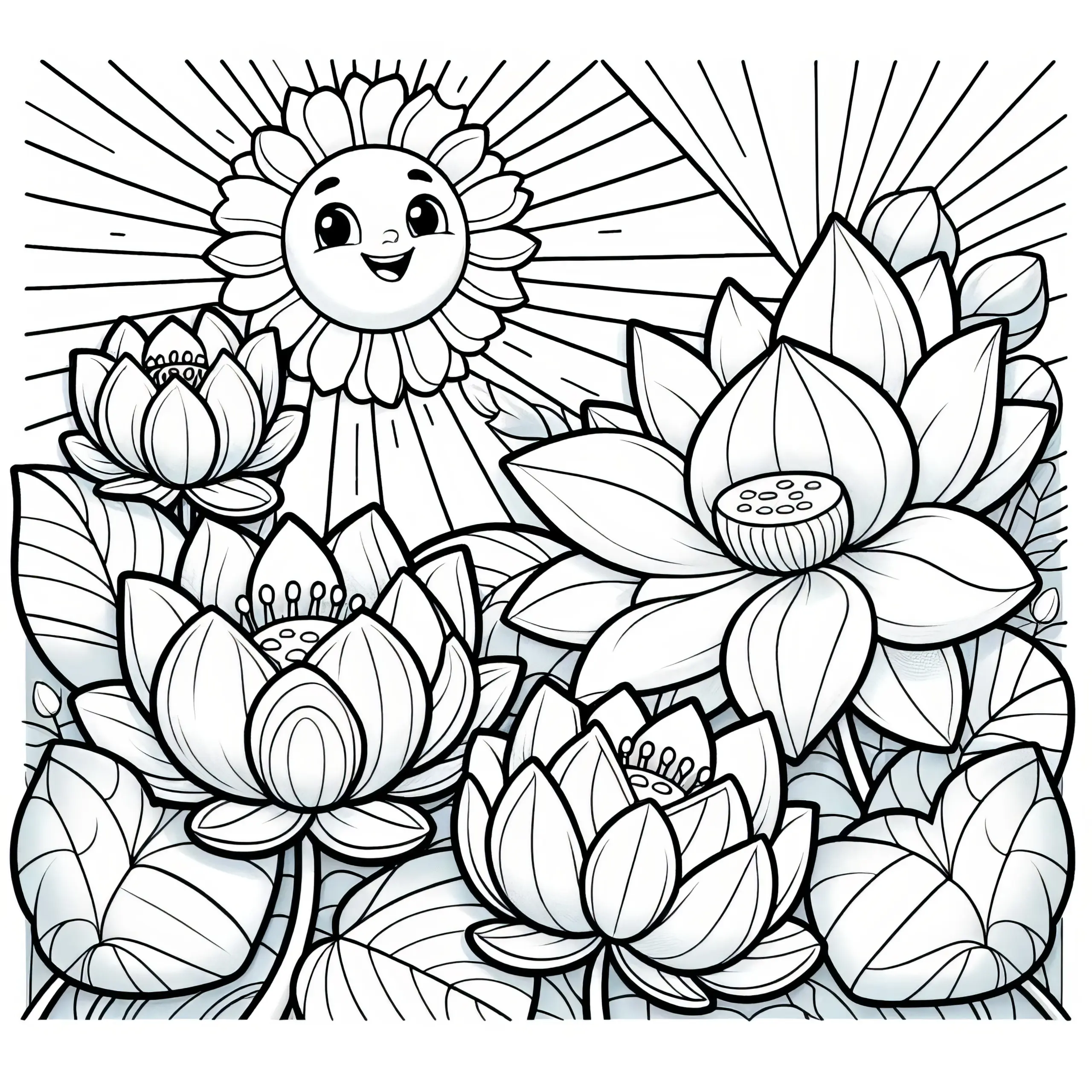 Lotusblumen in der strahlenden Sonne: Gratis Malvorlage (Ausmalbild)