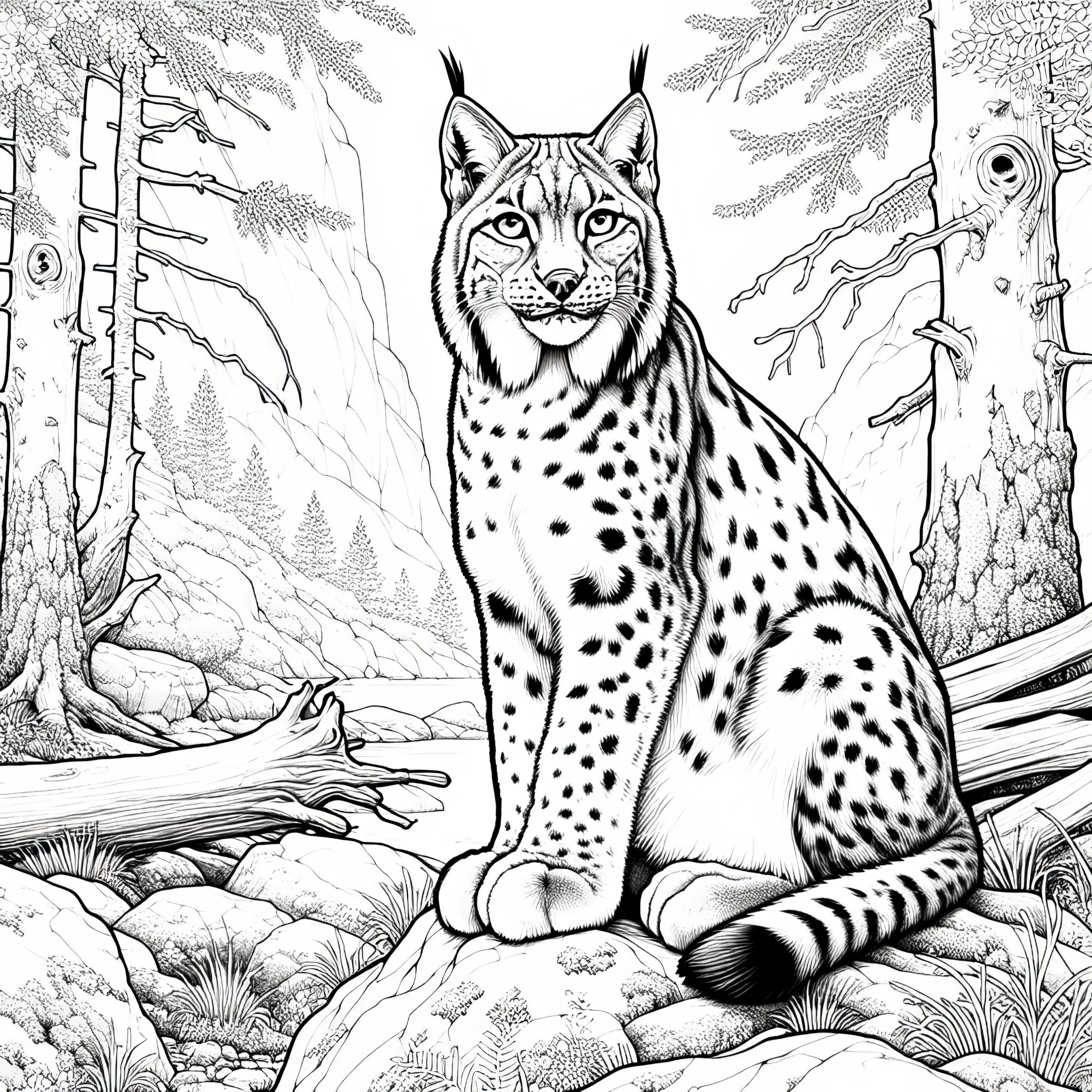 Luchs auf Felsen beobachtet Umgebung: Detailreiche Malvorlage (Kostenlos) (Ausmalbild)