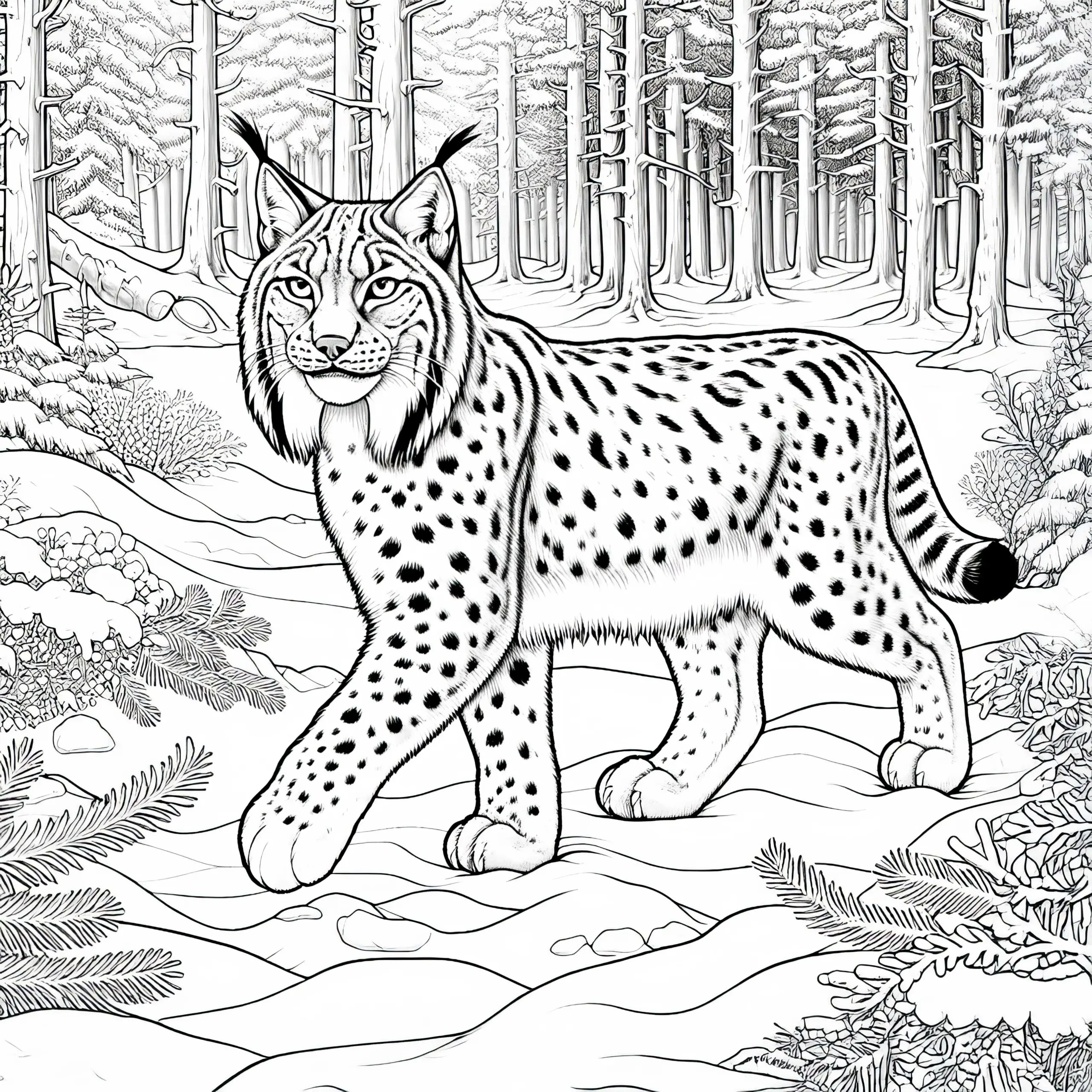 Luchs läuft durch verschneiten Wald: Ausmalbild zum Download (Gratis)