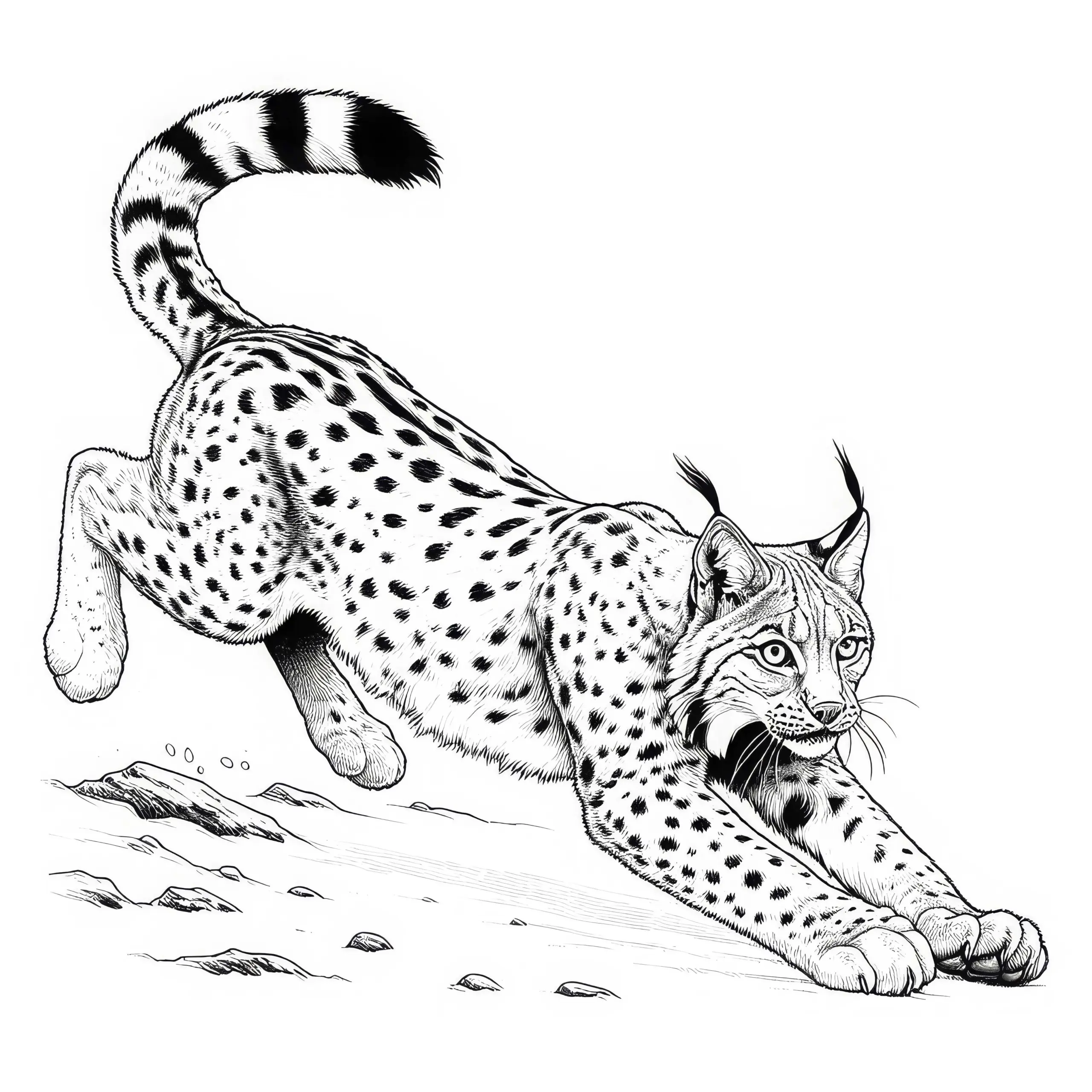 Luchs springt auf Beute zu: Detailreiches Ausmalbild (Kostenlos)