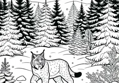 Luchs streift durch verschneiten Wald – Malvorlage kostenlos