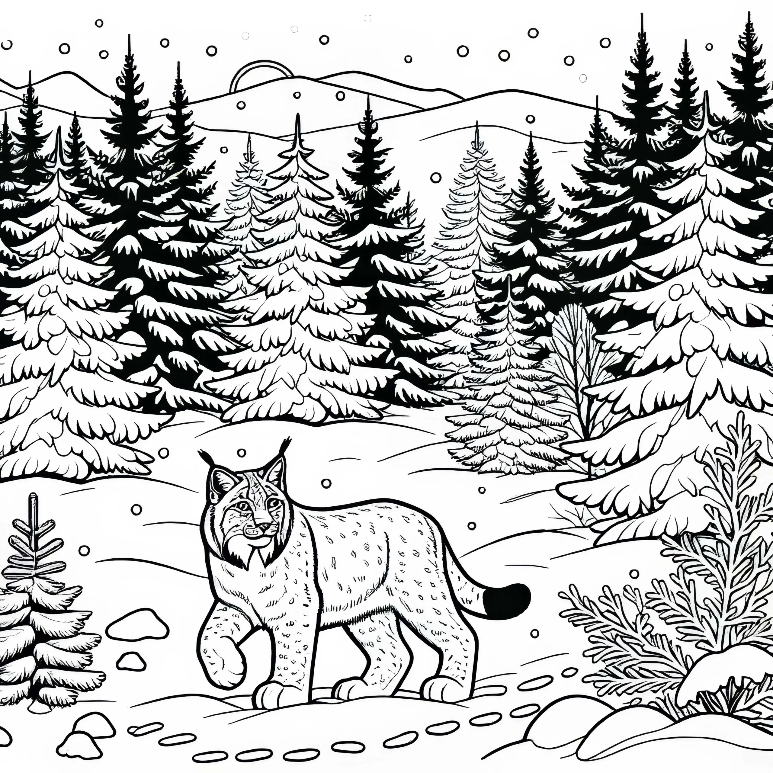 Luchs streift durch verschneiten Wald – Malvorlage kostenlos (Ausmalbild)