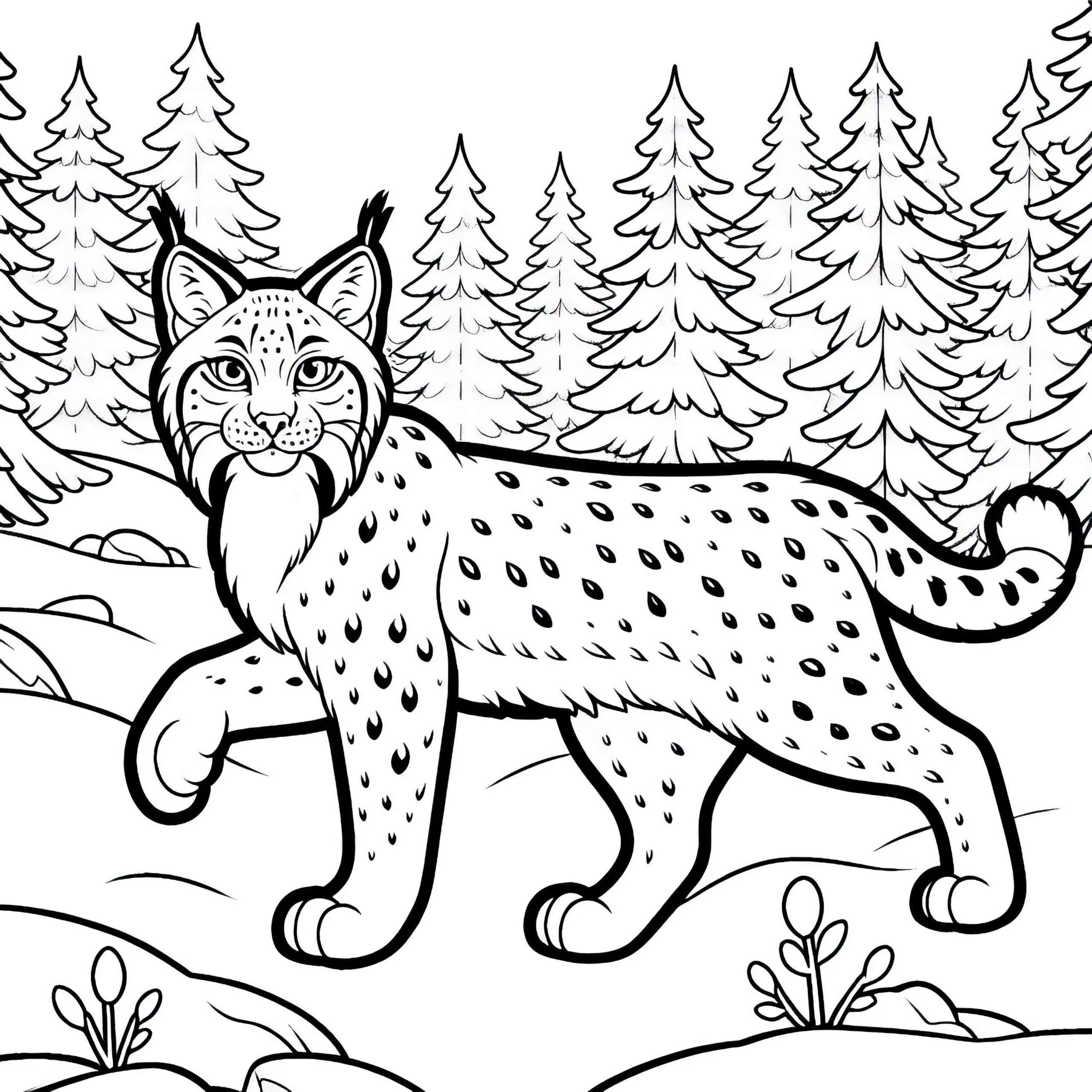 Luchs im verschneiten Wald: Ausmalbild zum Download (Gratis)