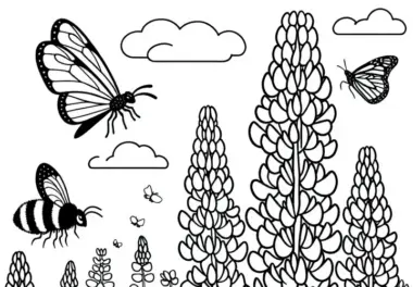 Lupinen, Bienen und Hummel Malvorlage Kostenlos
