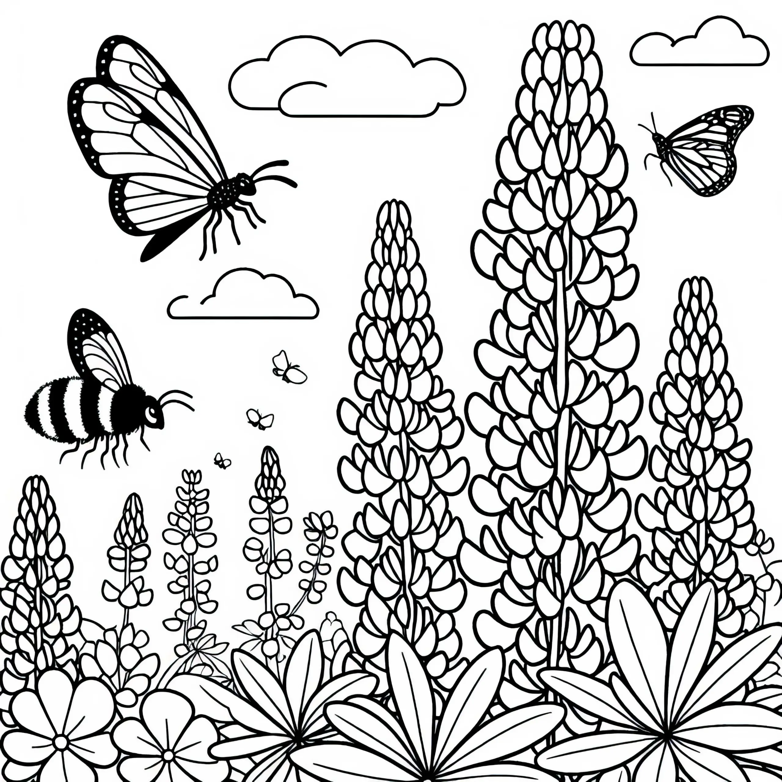 Lupinen, Bienen und Hummel Malvorlage Kostenlos (Ausmalbild)