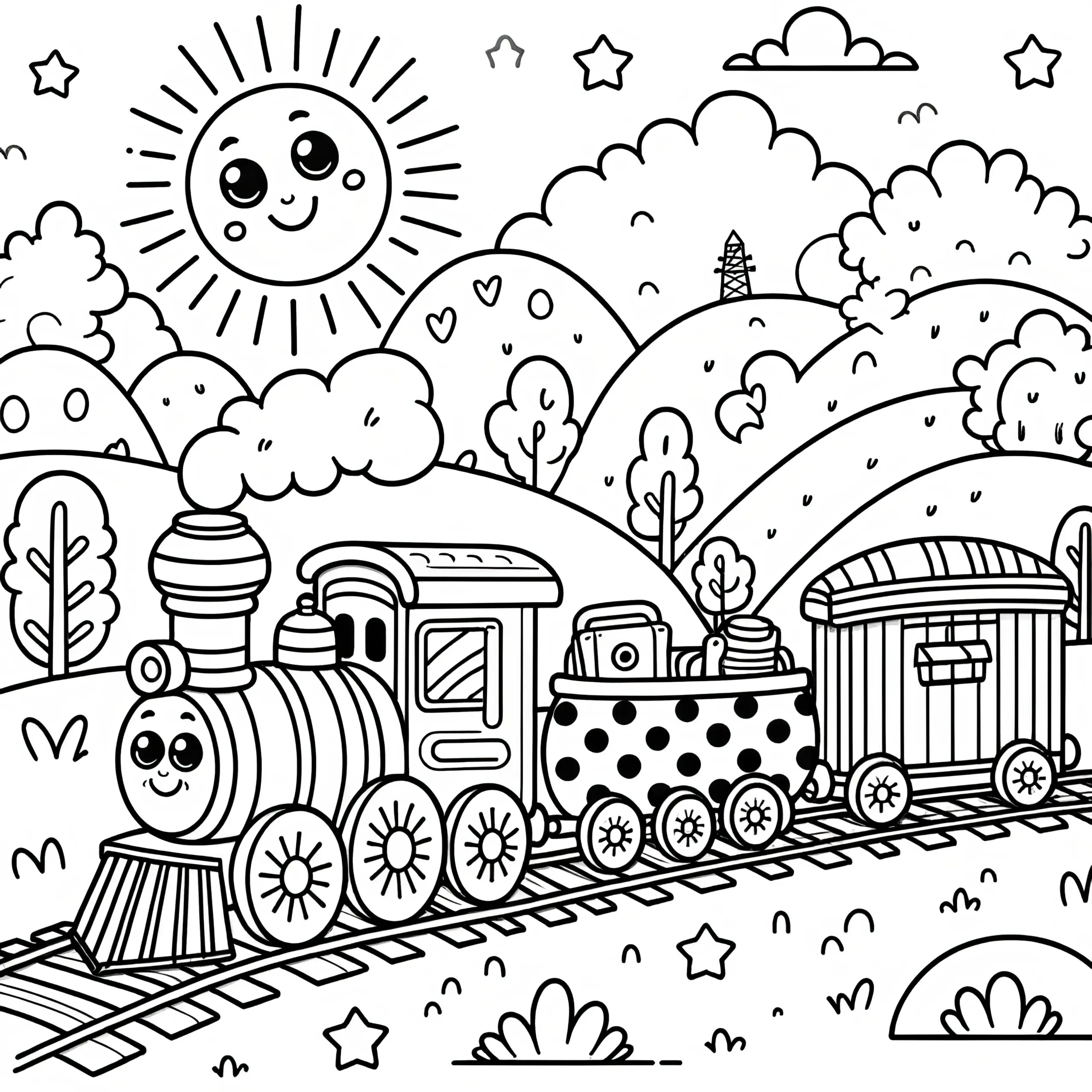Lustige Spielzeug Eisenbahn in schöner Landschaft: Malvorlage für Kinder (Gratis) (Ausmalbild)