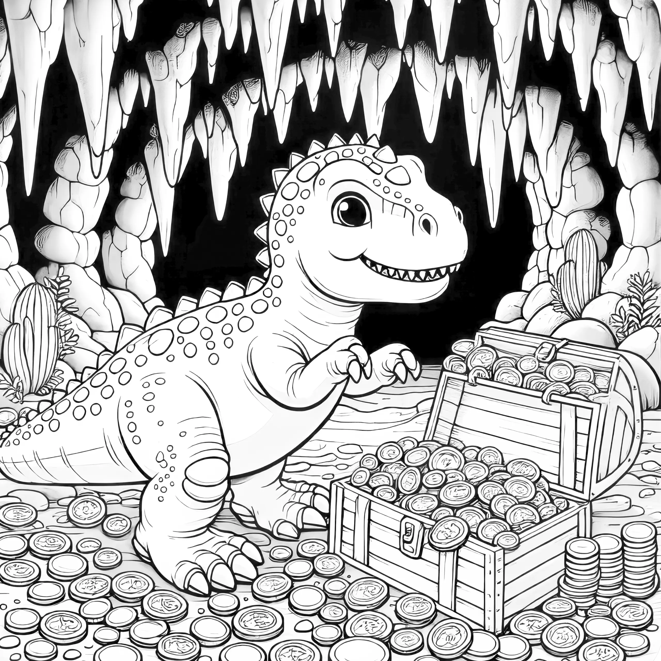 Neugieriger Dinosaurier bewacht Schatztruhe – Bild zum Ausmalen (Ausmalbild)