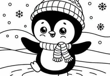Lustiger Pinguin mit Schal und Mütze tanzt im Schnee – Malvorlage gratis