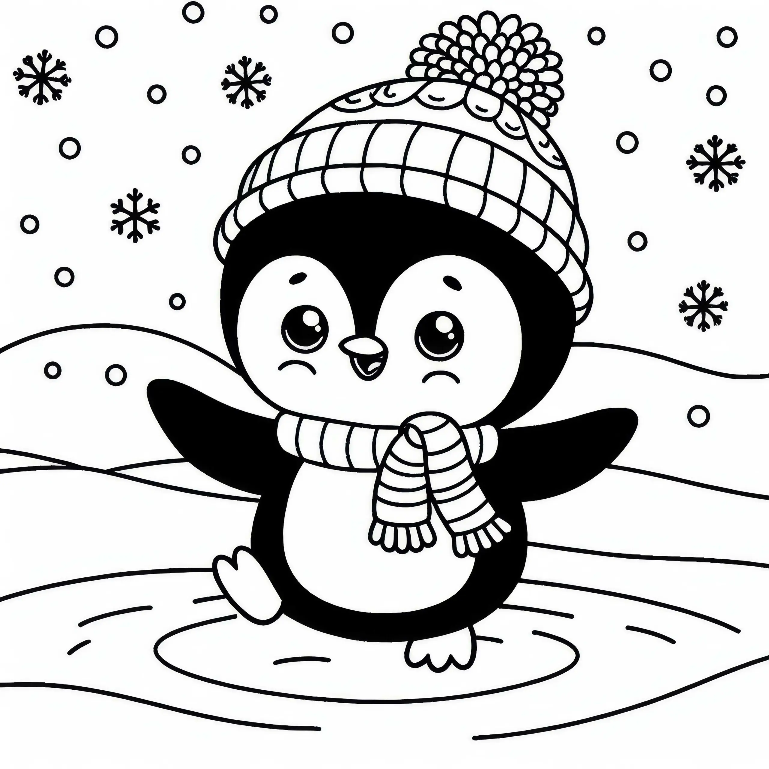 Lustiger Pinguin mit Schal und Mütze tanzt im Schnee – Malvorlage gratis (Ausmalbild)