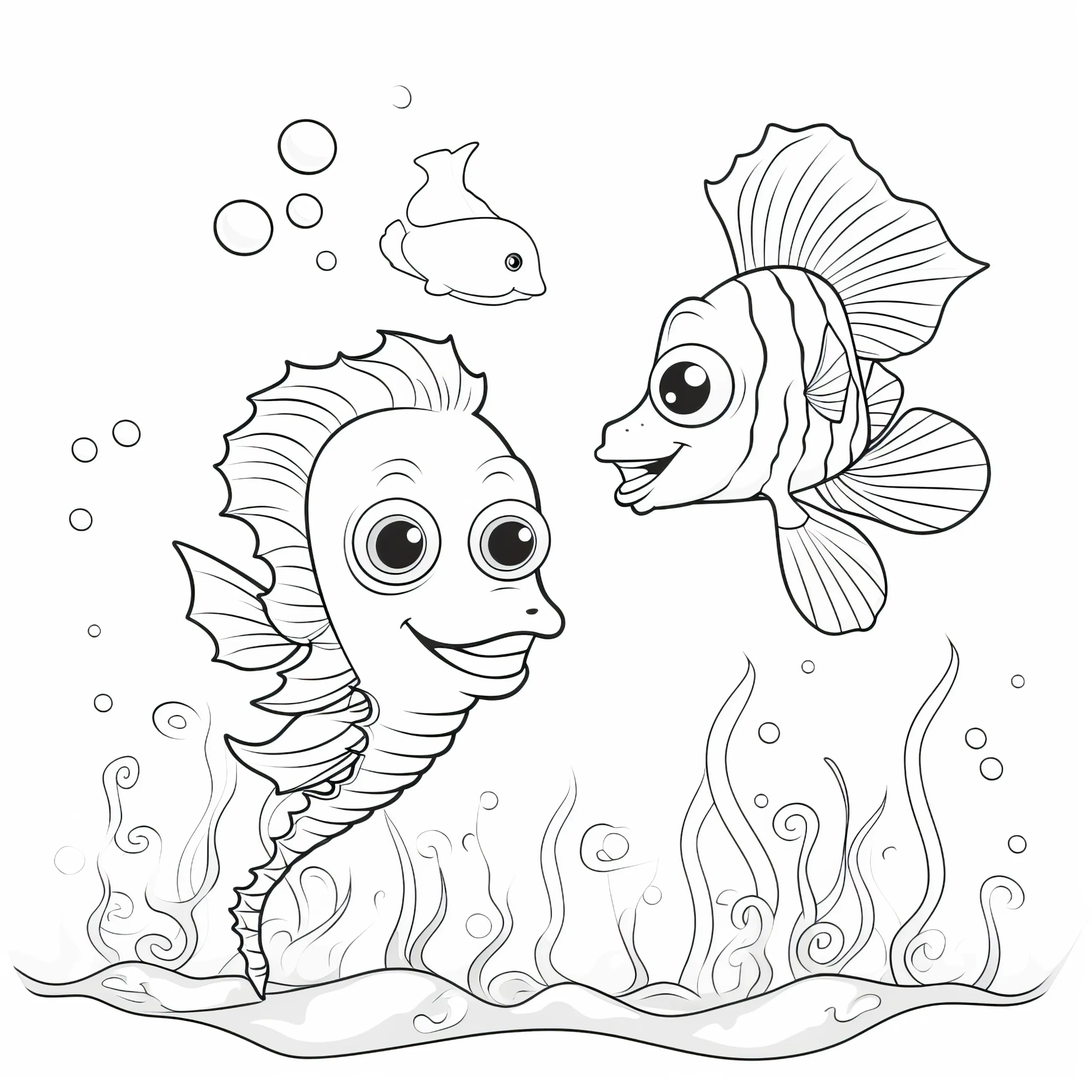 Lustiges Seepferdchen mit Fischen: Ausmalbild gratis zum Herunterladen
