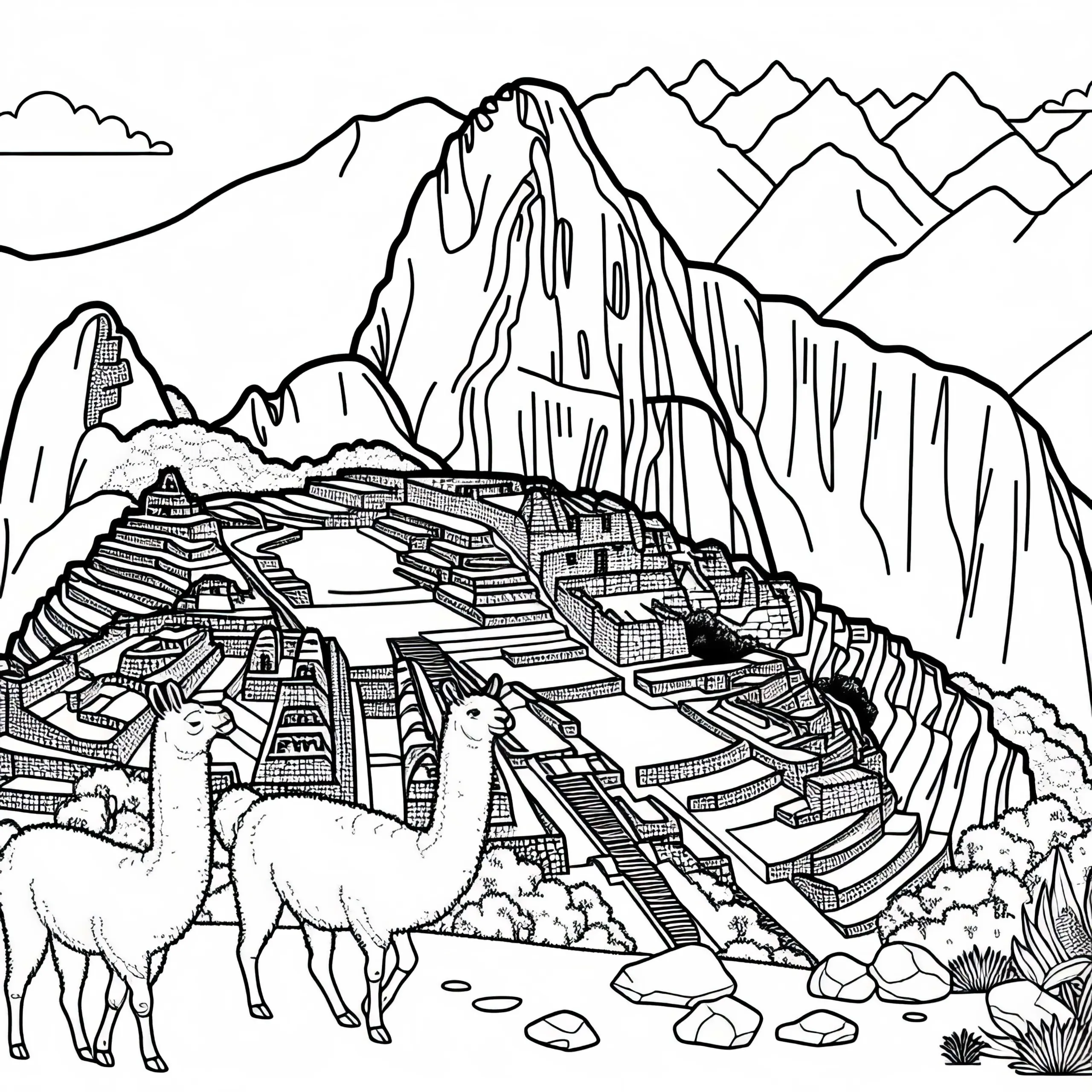 Machu Picchu in Peru mit Lamas und Steintreppen – Malvorlage Südamerika kostenlos (Ausmalbild)
