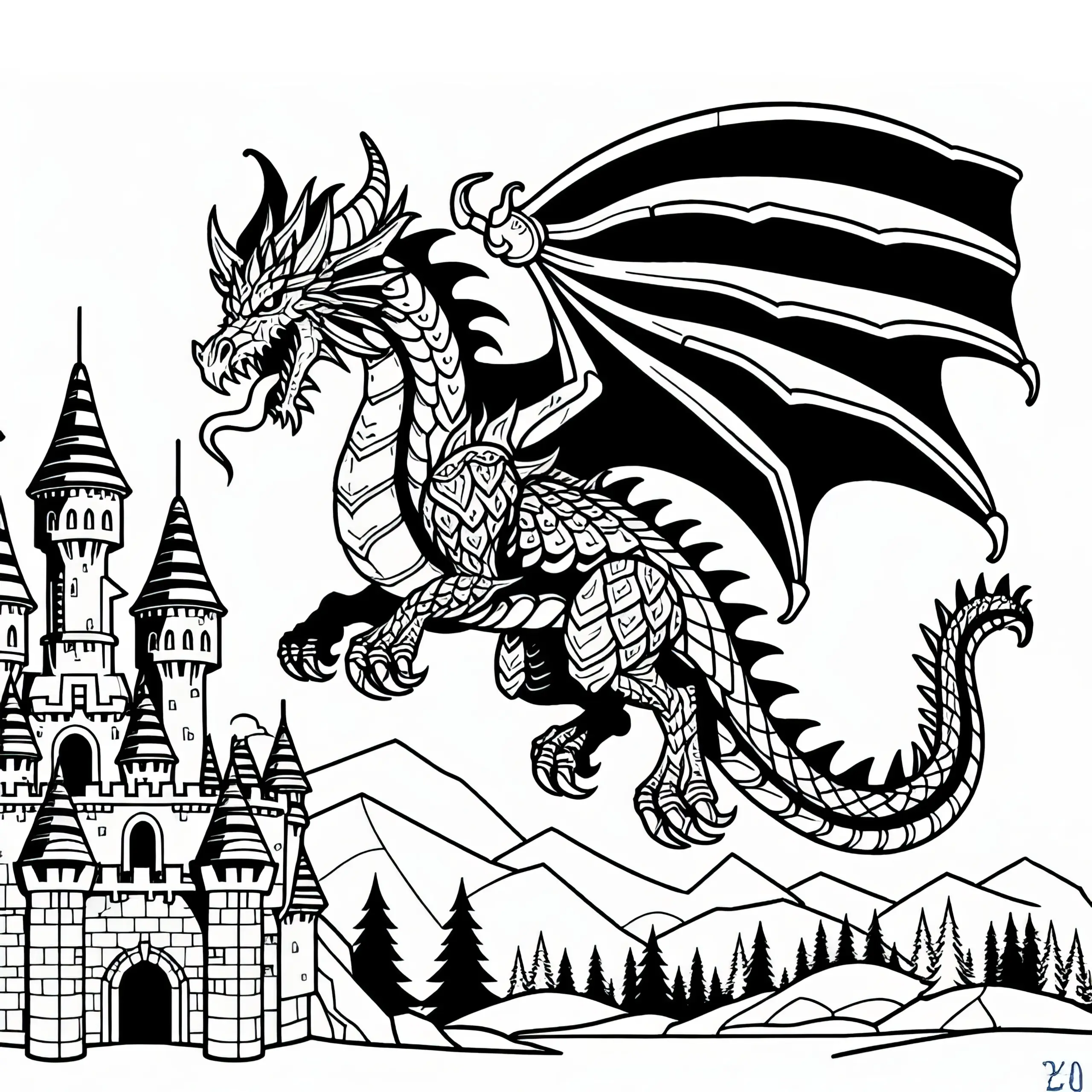 Mächtiger Drache über Burg: Einfache Malvorlage (Gratis) (Ausmalbild)