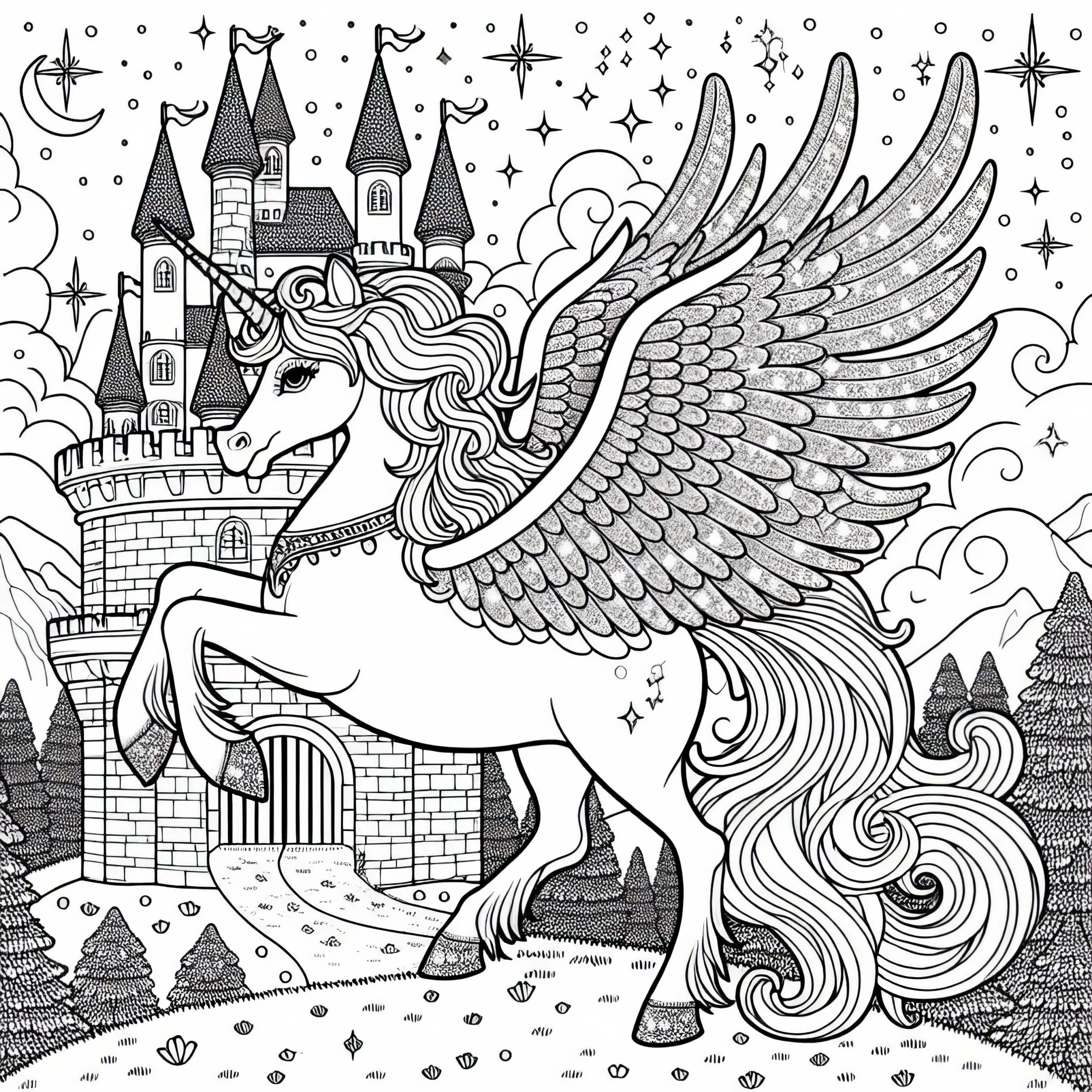 Mächtiger Pegasus bewacht märchenhaftes Schloss: Malvorlage zum Herunterladen (Gratis) (Ausmalbild)