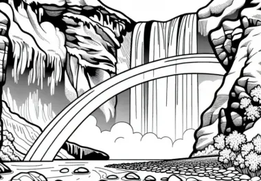 Mächtiger Wasserfall mit Regenbogen als Malvorlage