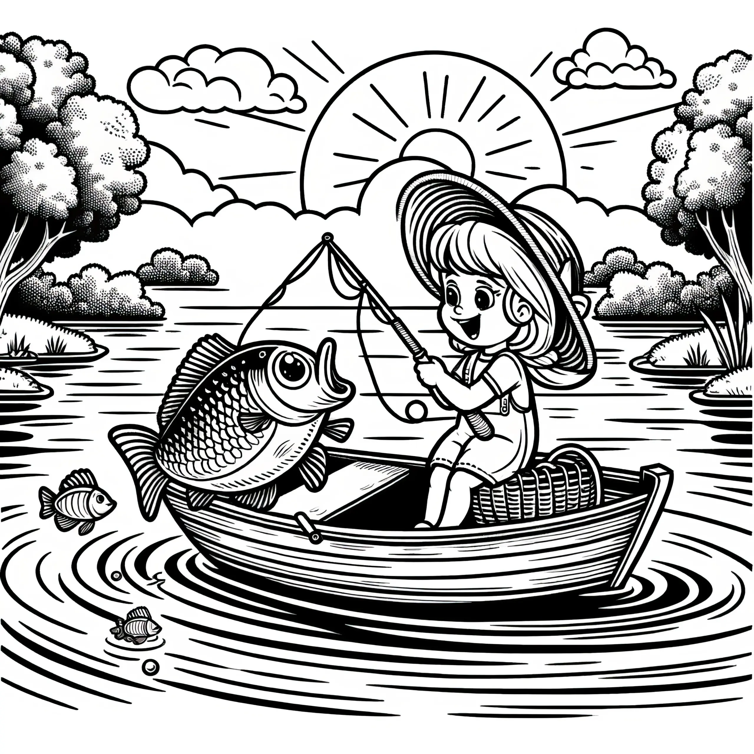 Mädchen angelt einen großen Fisch: Ausmalbild zum Herunterladen (Kostenlos)