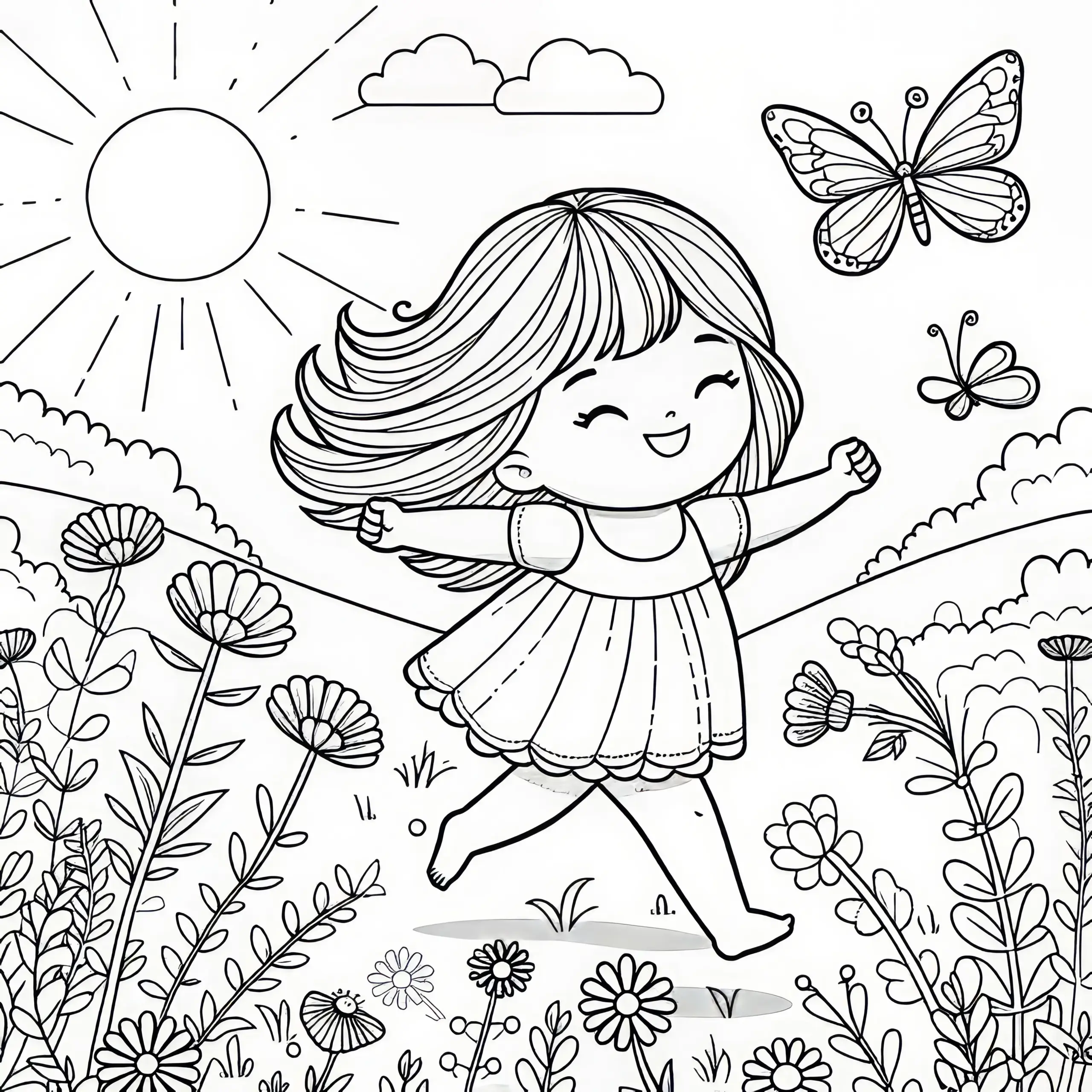 Mädchen auf Blumenwiese im Sommer: Malvorlage zum Herunterladen (Gratis) (Ausmalbild)