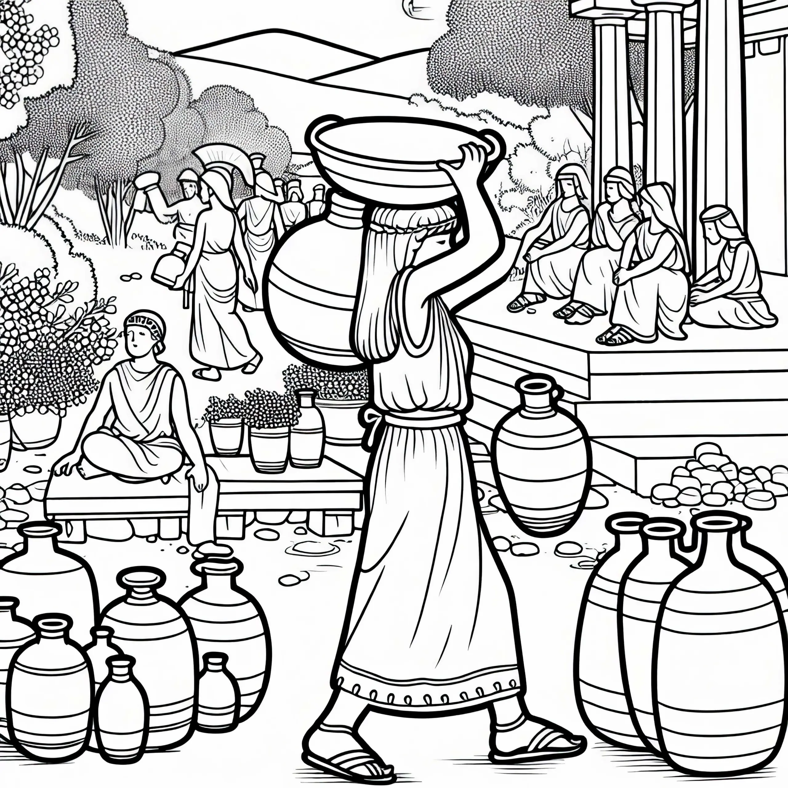 Mädchen bringt Wasserkrüge zu Versammlung im Freien – Ausmalbild Sparta Athen kostenlos