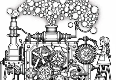 Mädchen dreht an riesiger Maschine aus der Seifenblasen mit kommen Malvorlage Steampunk kostenlos