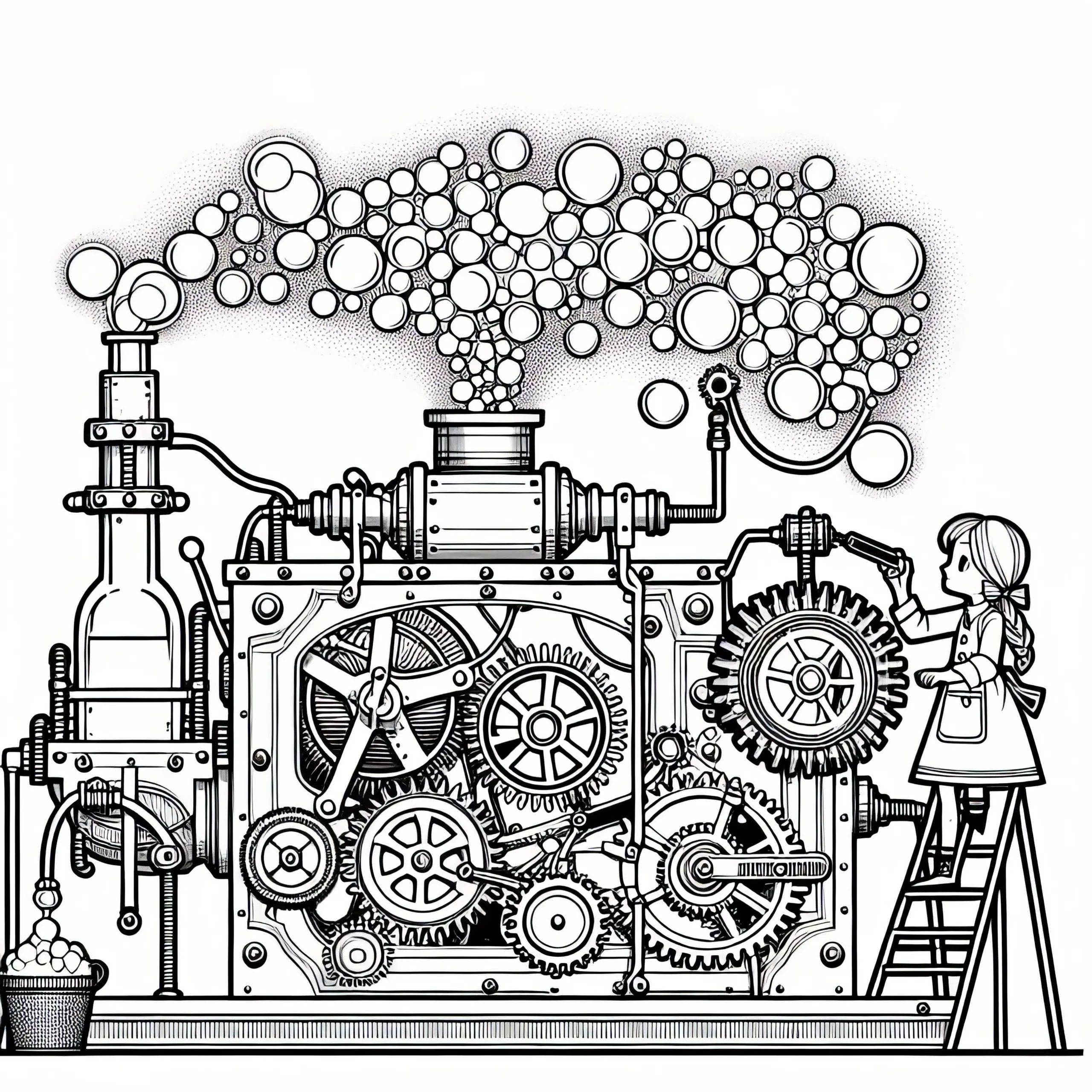 Mädchen dreht an riesiger Maschine aus der Seifenblasen mit kommen Malvorlage Steampunk kostenlos (Ausmalbild)