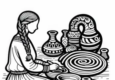 Mädchen formt Tonfiguren in Spiralen – Malvorlage Kelten kostenlos