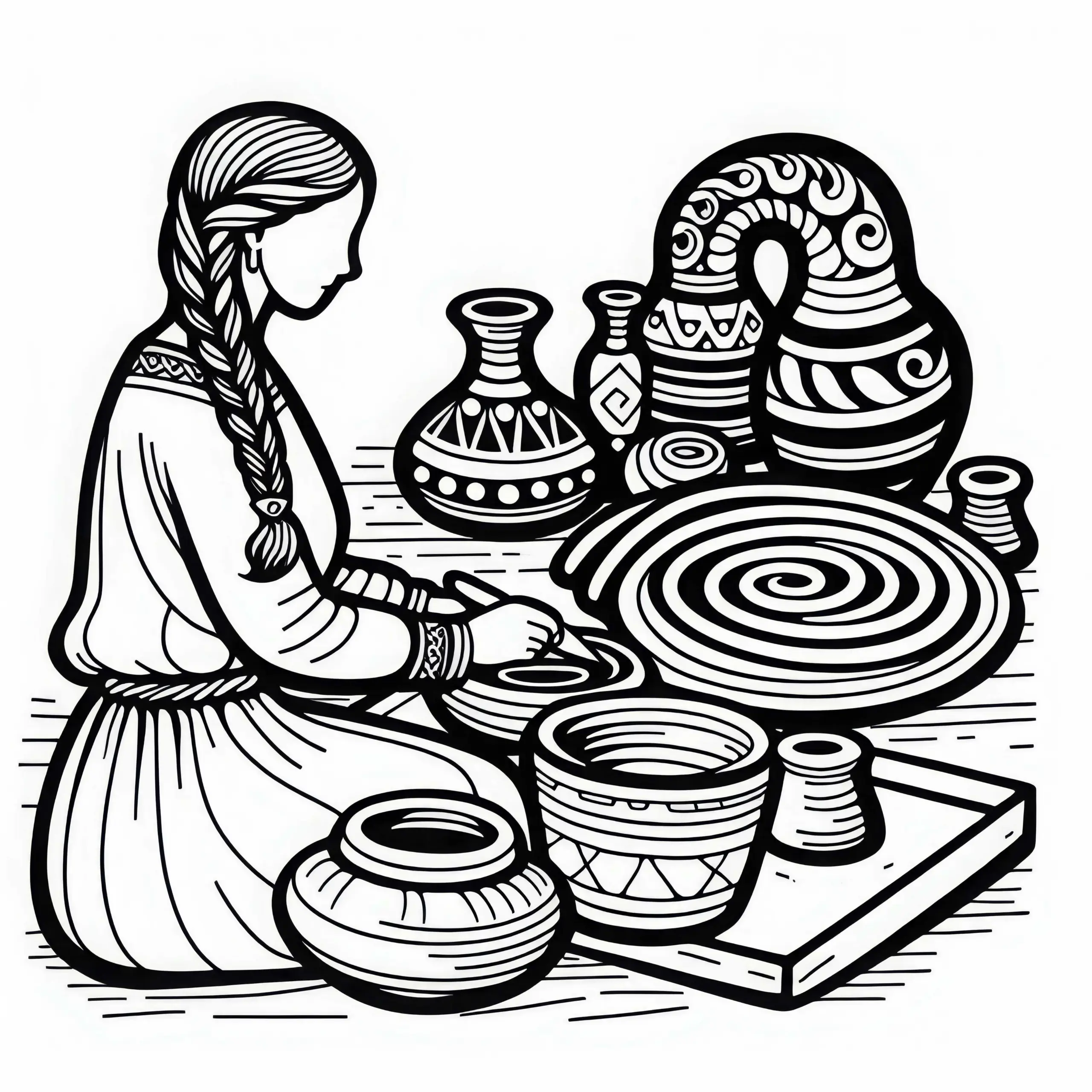 Mädchen formt Tonfiguren in Spiralen – Malvorlage Kelten kostenlos (Ausmalbild)