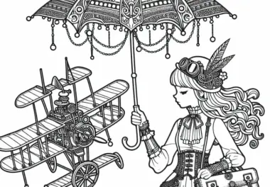 Mädchen im Steampunk Kleid hält mechanischen Regenschirm – Ausmalbild kostenlos