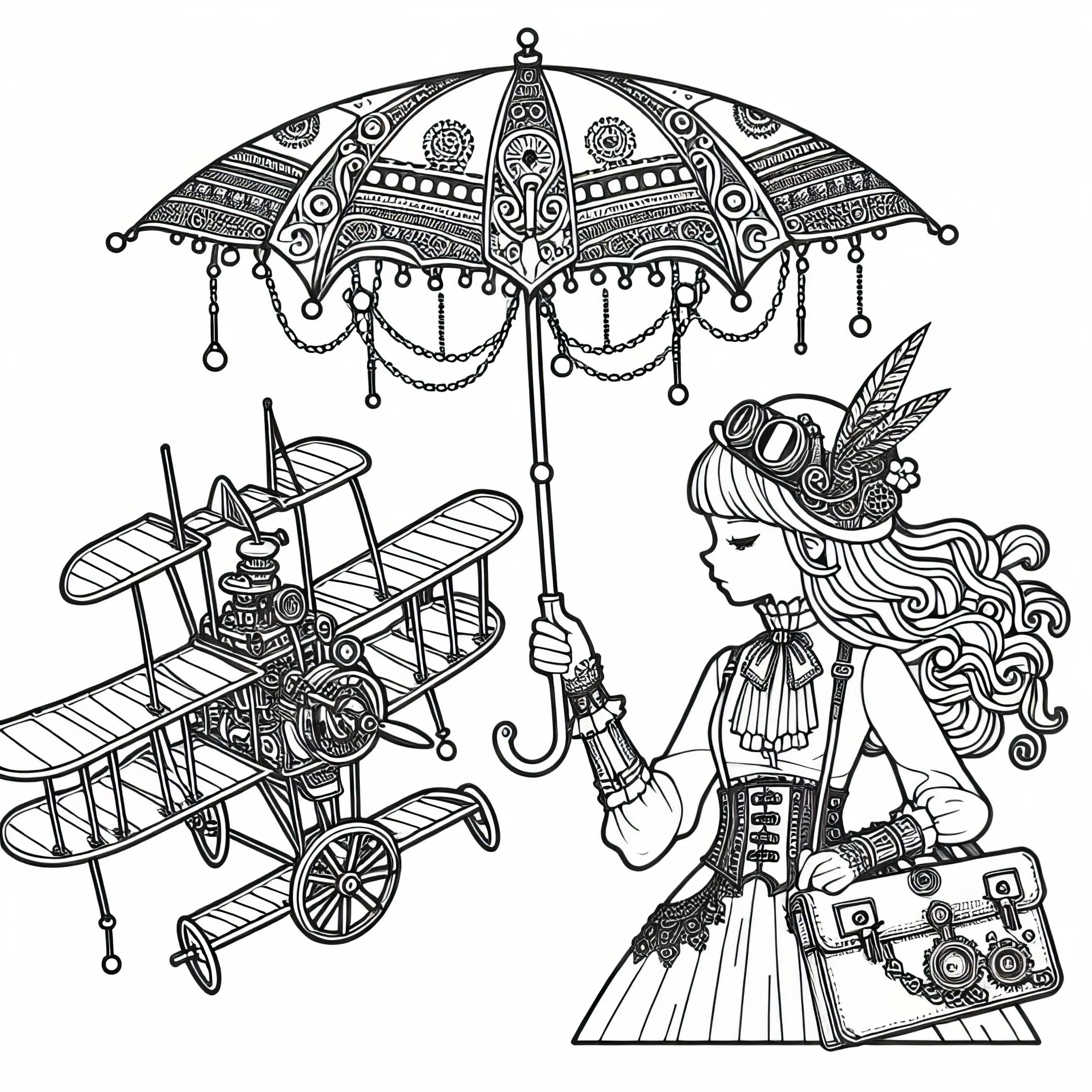 Mädchen im Steampunk Kleid hält mechanischen Regenschirm – Ausmalbild kostenlos