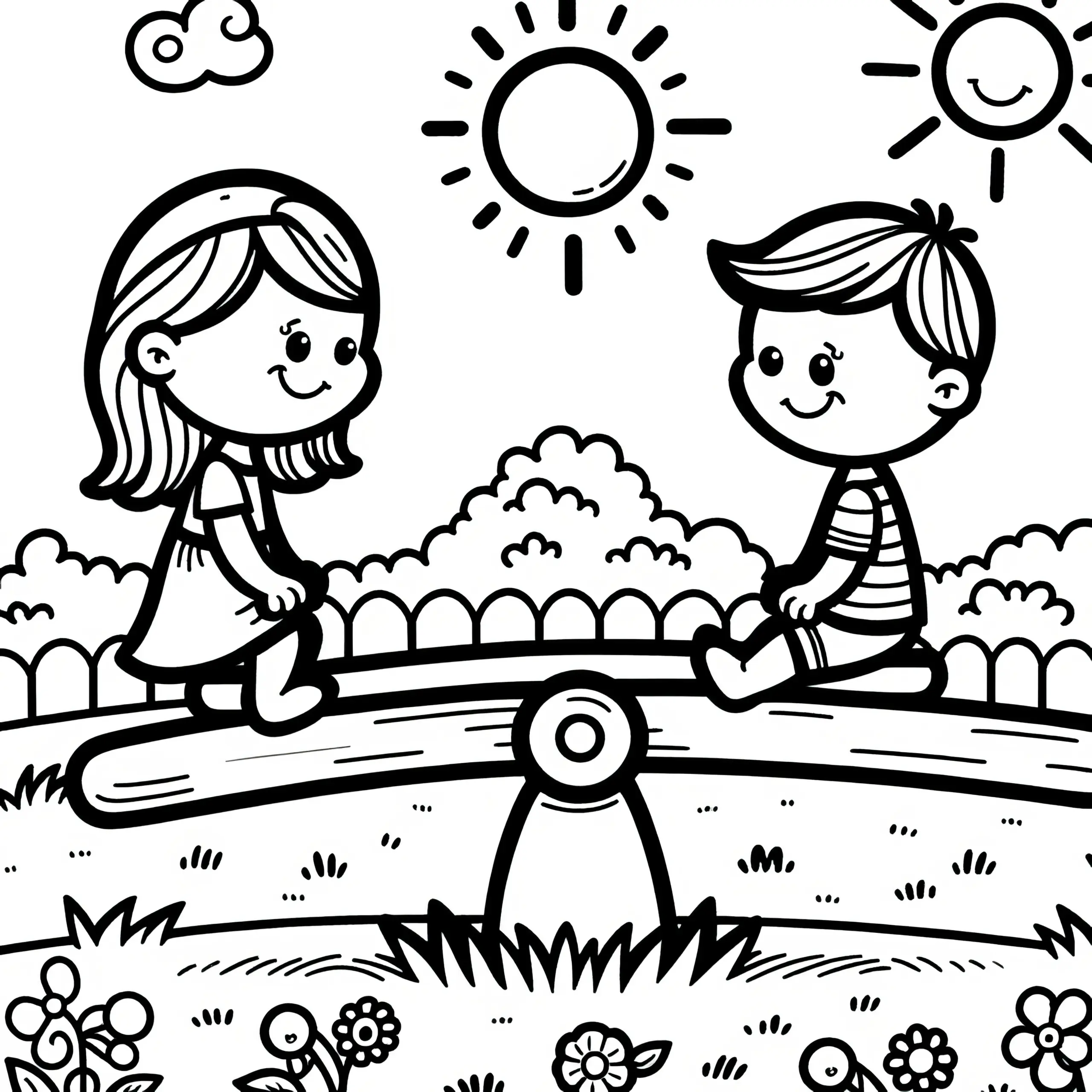 Mädchen und Junge beim Wippen auf dem Spielplatz: Malvorlage kostenlos zum Download (Ausmalbild)