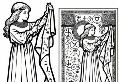 Mädchen mit Tuch voller Symbole – Malvorlage Tempelritter kostenlos