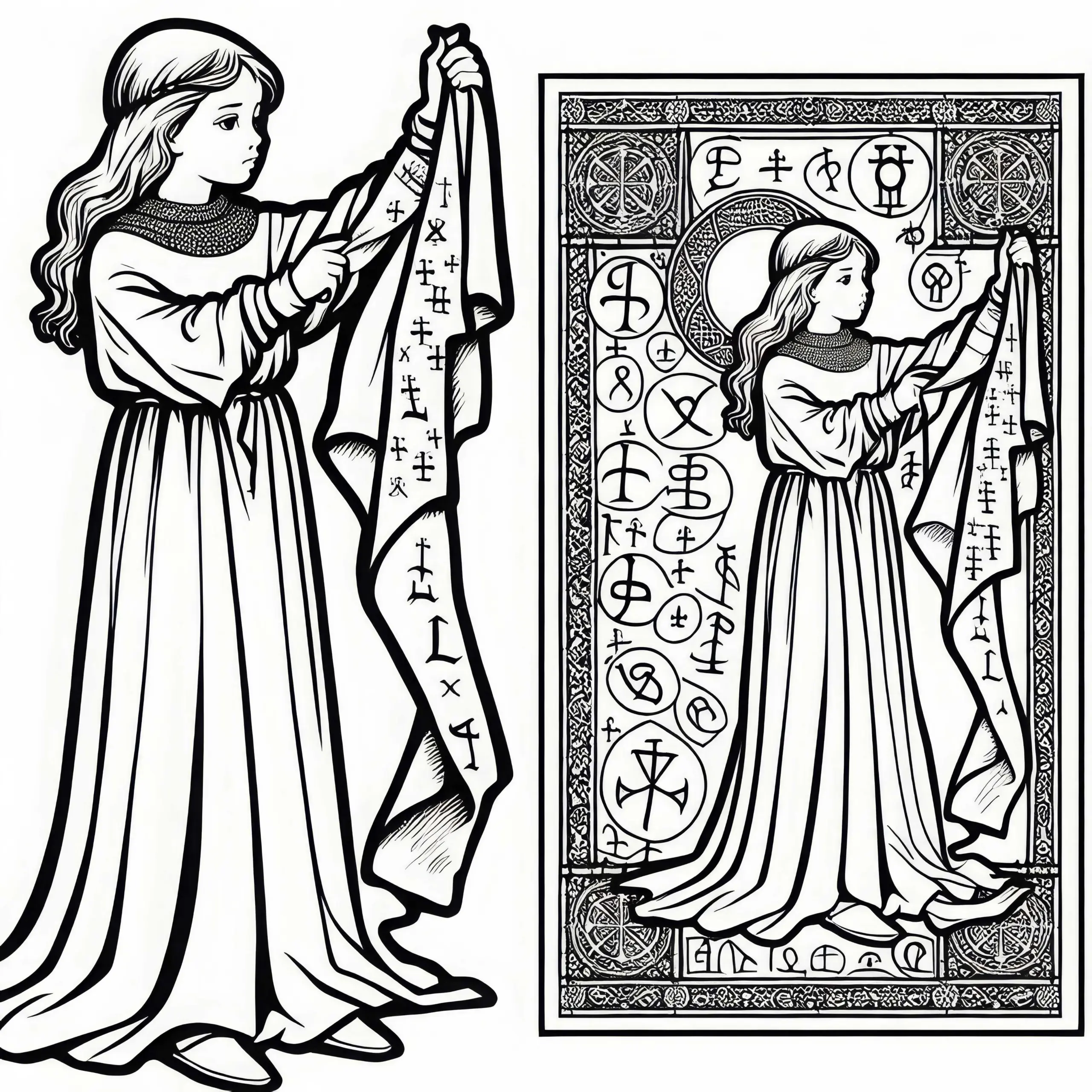Mädchen mit Tuch voller Symbole – Malvorlage Tempelritter kostenlos (Ausmalbild)