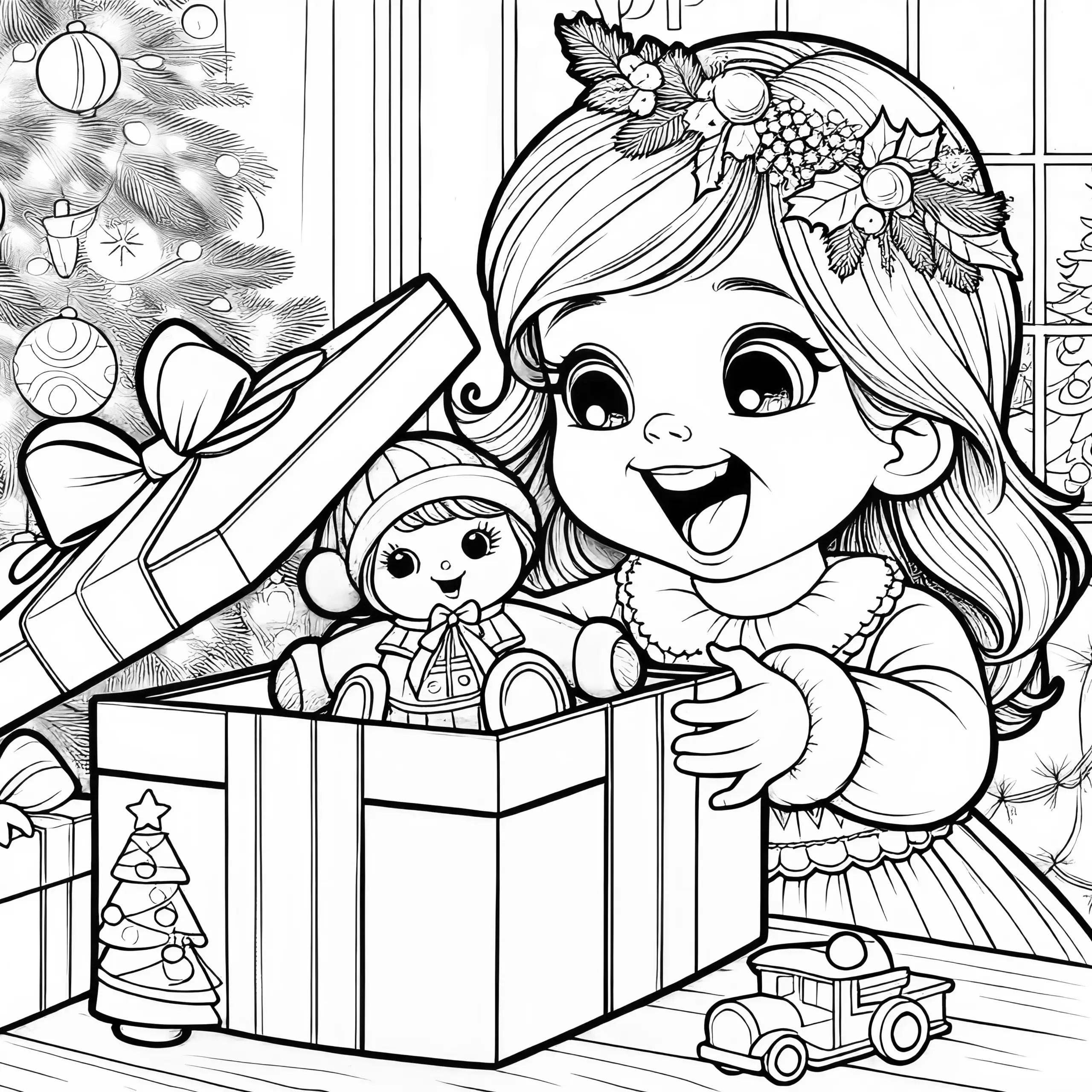 Mädchen packt Geschenk aus: Weihnachtsbild zum Ausmalen (Ausmalbild)