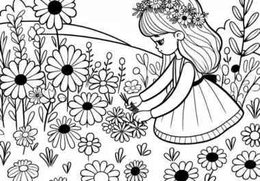 Mädchen pflückt Blumen auf Wiese – Malvorlage für Mädchen ab drei kostenlos