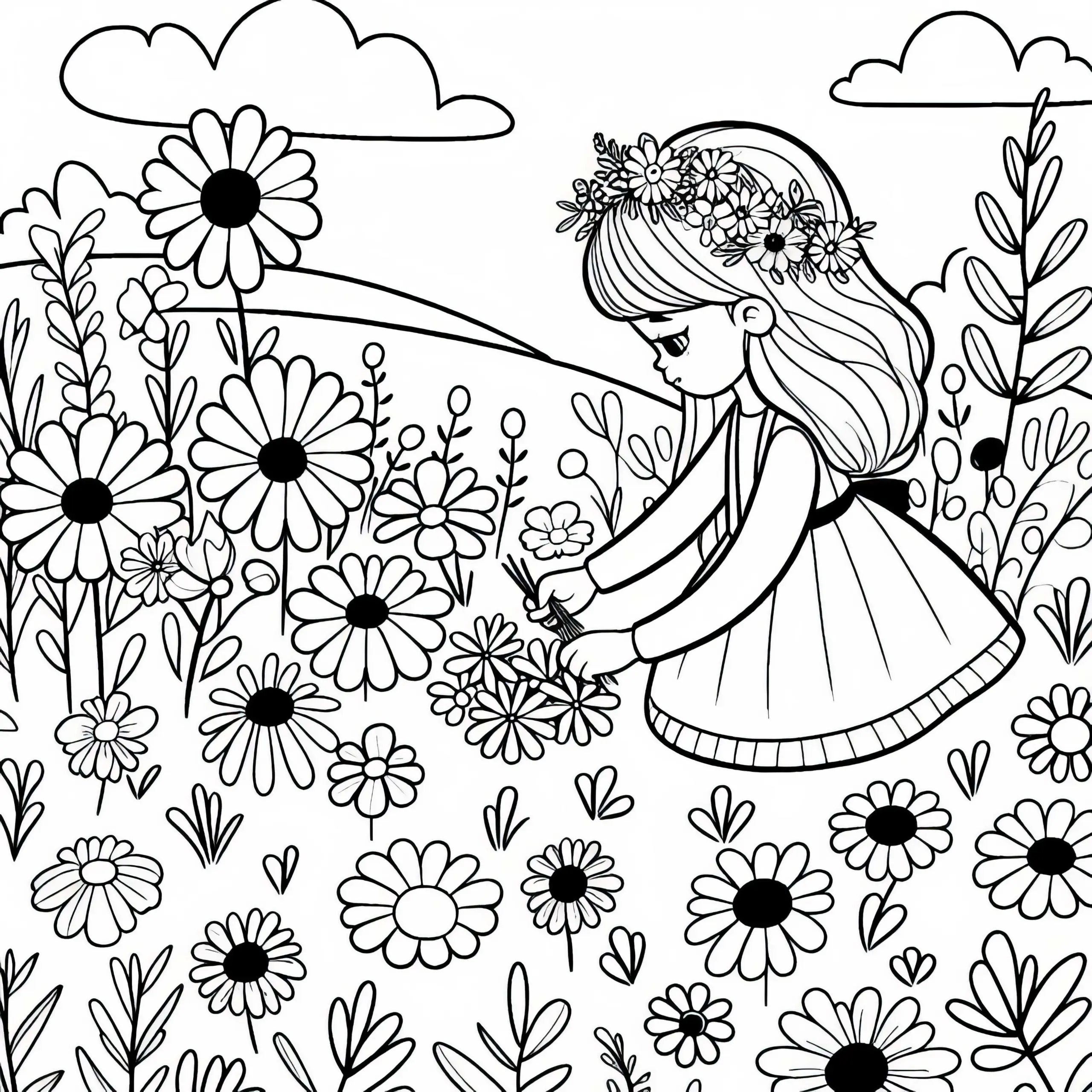 Mädchen pflückt Blumen auf Wiese – Malvorlage für Mädchen ab drei kostenlos (Ausmalbild)
