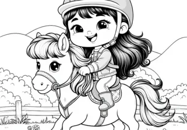 Mädchen reitet fröhlich auf Pony über Wiese – Ausmalbild kostenlos