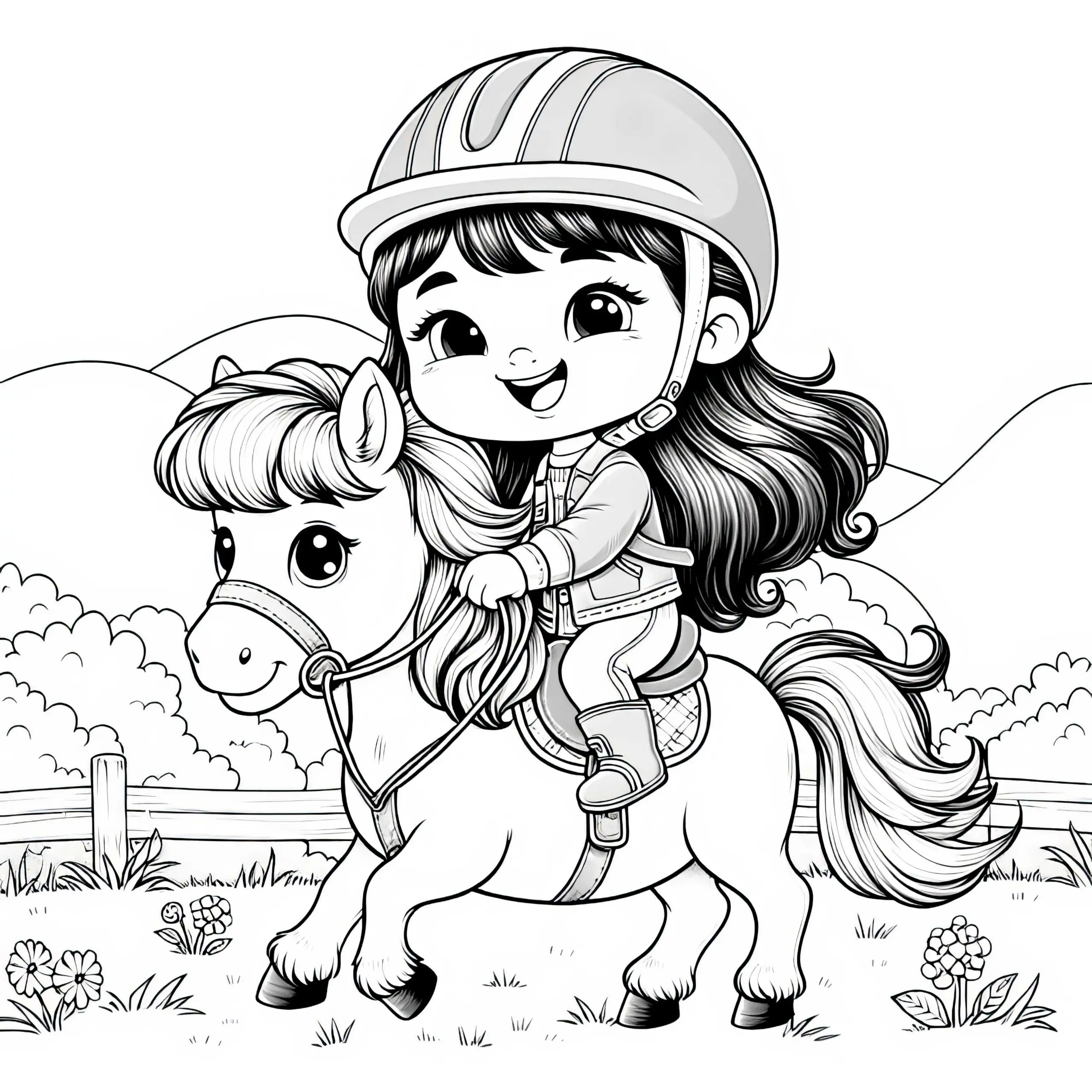 Mädchen reitet fröhlich auf Pony über Wiese – Ausmalbild kostenlos