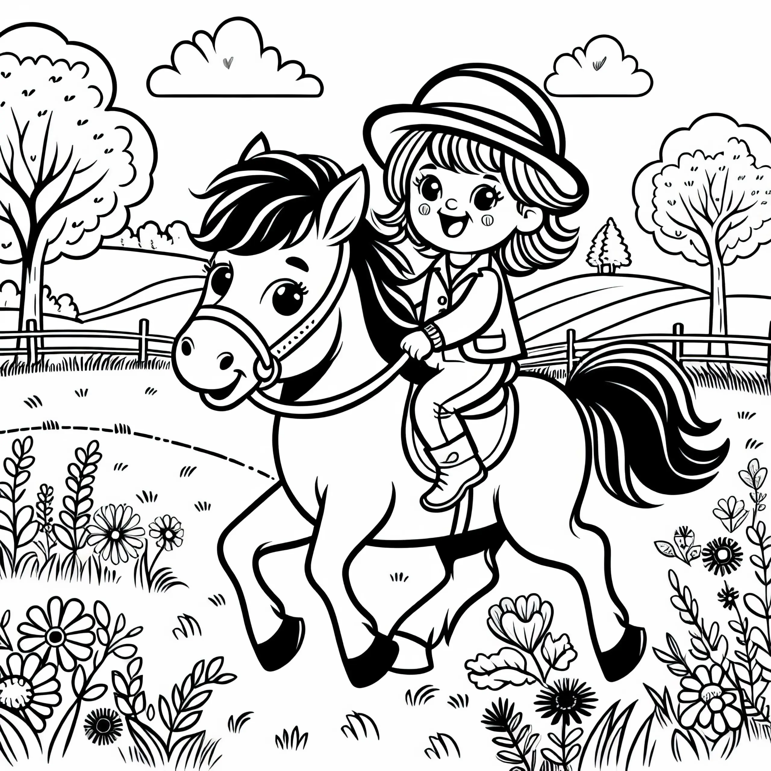 Mädchen reitet fröhlich auf Pony über Wiese – Malvorlage gratis (Ausmalbild)