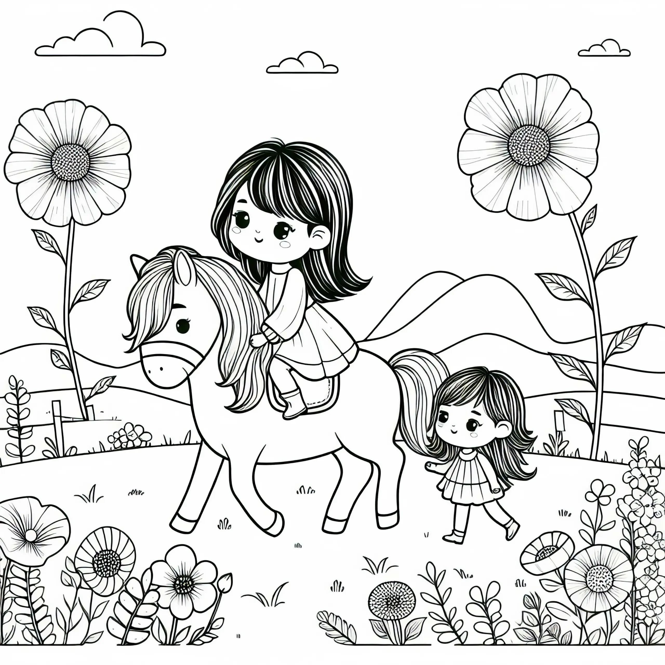 Mädchen reitet Pony durch Blumenfeld – Ausmalbild für Mädchen ab sechs gratis
