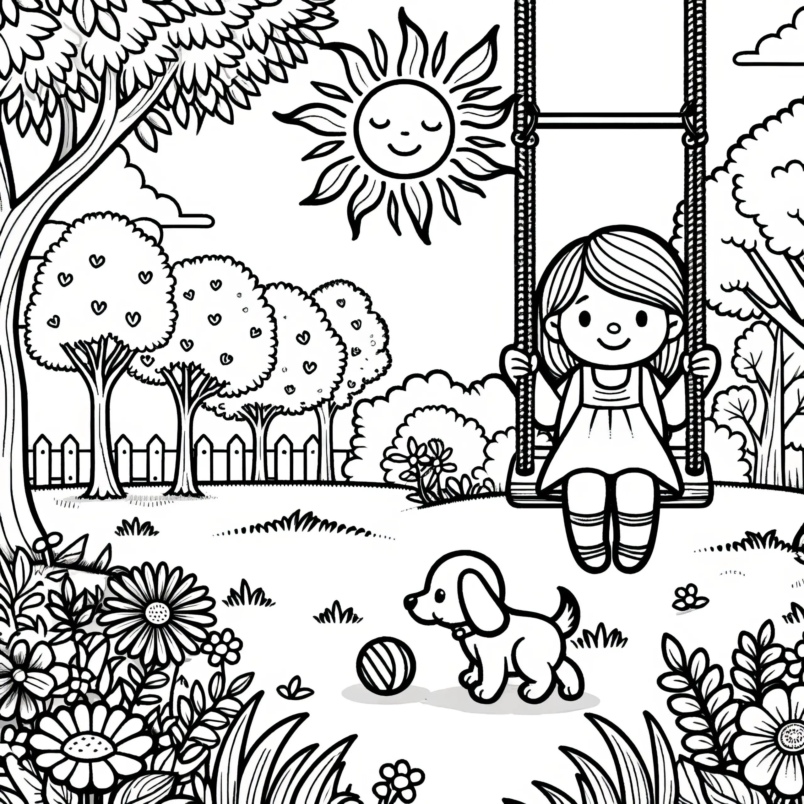 Mädchen auf Schaukel im Garten mit Hund: Ausmalbild gartis