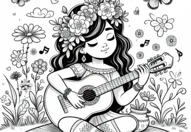 Mädchen spielt Gitarre auf Blumenwiese – Malvorlage für Mädchen ab neun kostenlos