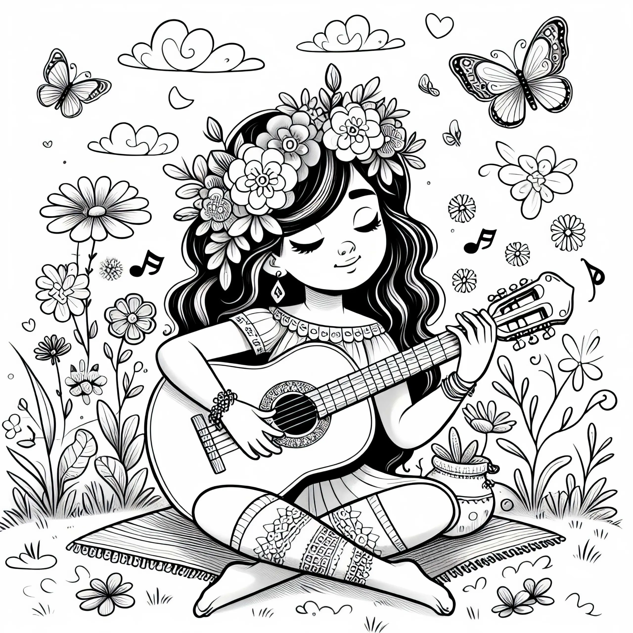 Mädchen spielt Gitarre auf Blumenwiese – Malvorlage für Mädchen ab neun kostenlos (Ausmalbild)