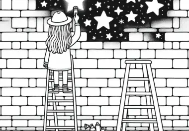 Mädchen steht auf Leiter und sprüht Sternenhimmel auf Backsteinwand – Graffiti Ausmalbild kostenlos